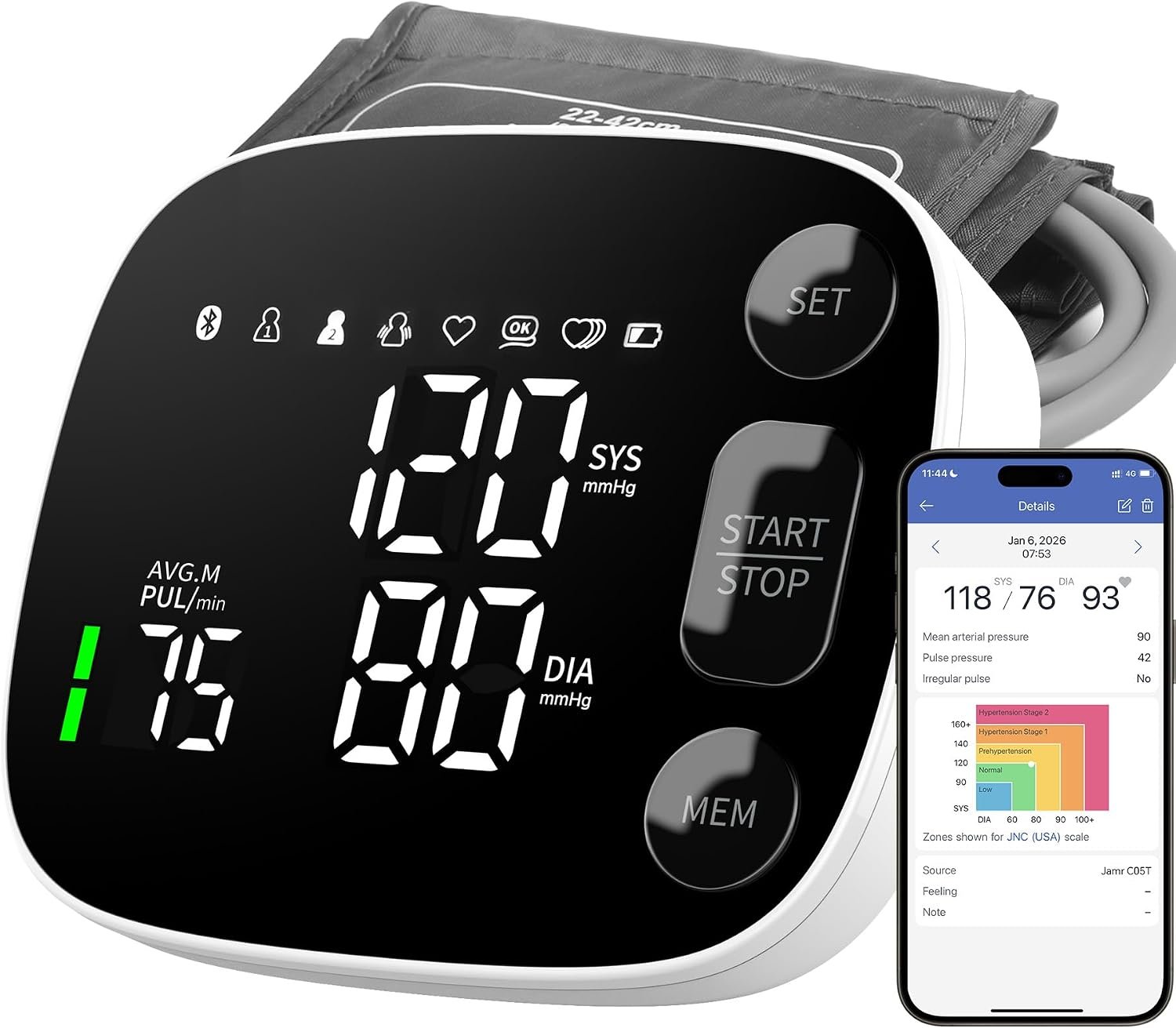 Oklar Blood Pressure Monitor Bluetooth Upper Arm BP Machine for Home Use | FDA-Cleared, Clinical Accuracy, App Sync, 2×120 Memory, Large LED Backlit Display, 8.7-16.5″ Adjustable Cuff with Storage Bag