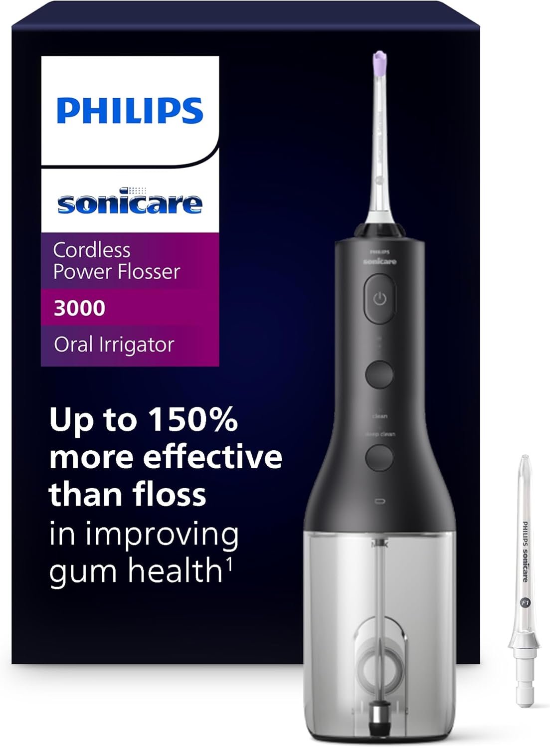 Philips Sonicare Cordless Power Flosser 3000, Water Flosser, 2 Nozzles | 150% Better Gum Health¹, Quad Stream Technology, 2 Floss Modes,3 Pressure Levels, IPX7 Waterproof, 2 Nozzles, Black HX3826/23