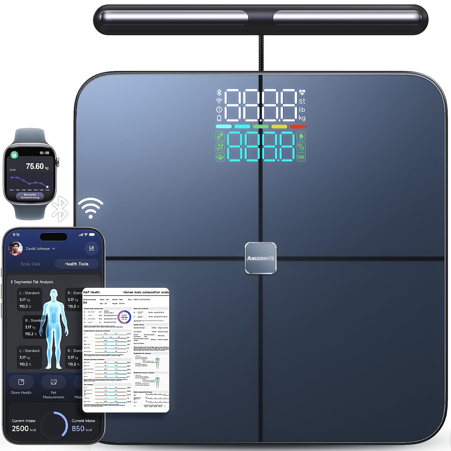 Smart Scale for Body Weight with Handle, Body Composition Analyzer | 8-Electrode Highly Accurate Digital Bathroom Scale for Weight Fat BMI Muscle Mass 50 Body Composition Metrics, Bluetooth