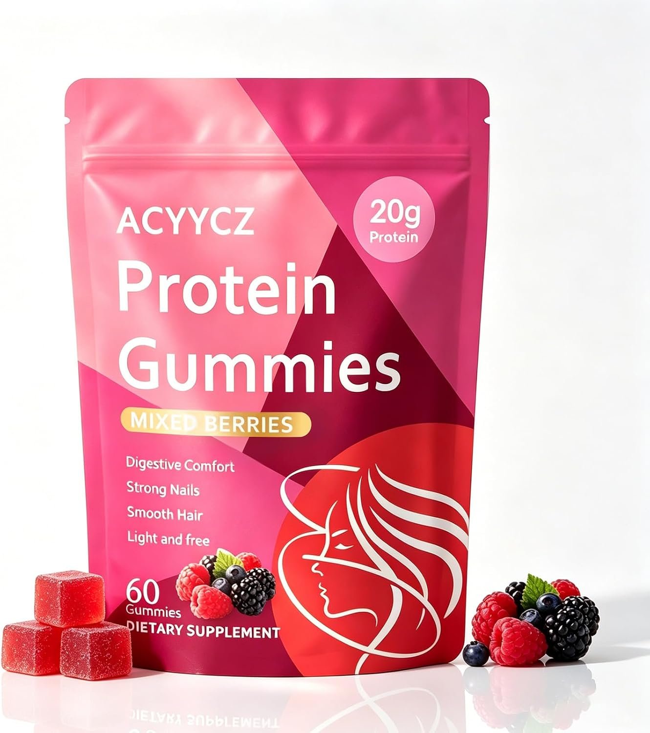 Protein Gummies, Mixed Berries, Adult Men & Women, 60ct | 20g Protein per Serving, Zero Sugar,Vegan Collagen Gummies air Skin Nails Vitamin Supplement