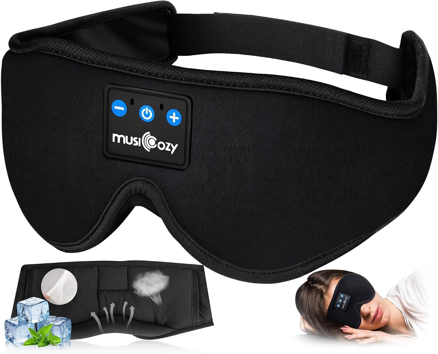 MUSICOZY Bluetooth 5.4 Sleep Headphones Sleeping Eye Mask Earbuds Headband | HD Stereo Sound, Wireless Headphones with Soft Lining Blackout Washable Design for Side Sleepers Travel Meditation Relaxation