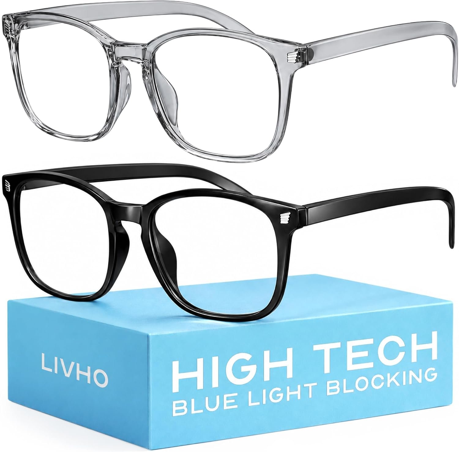 livho High Tech Blue Light Blocking Computer Glasses | Advanced Blue Light Blocking, Screen Fatigue Protection, UV Protection, Black + Clear Gray