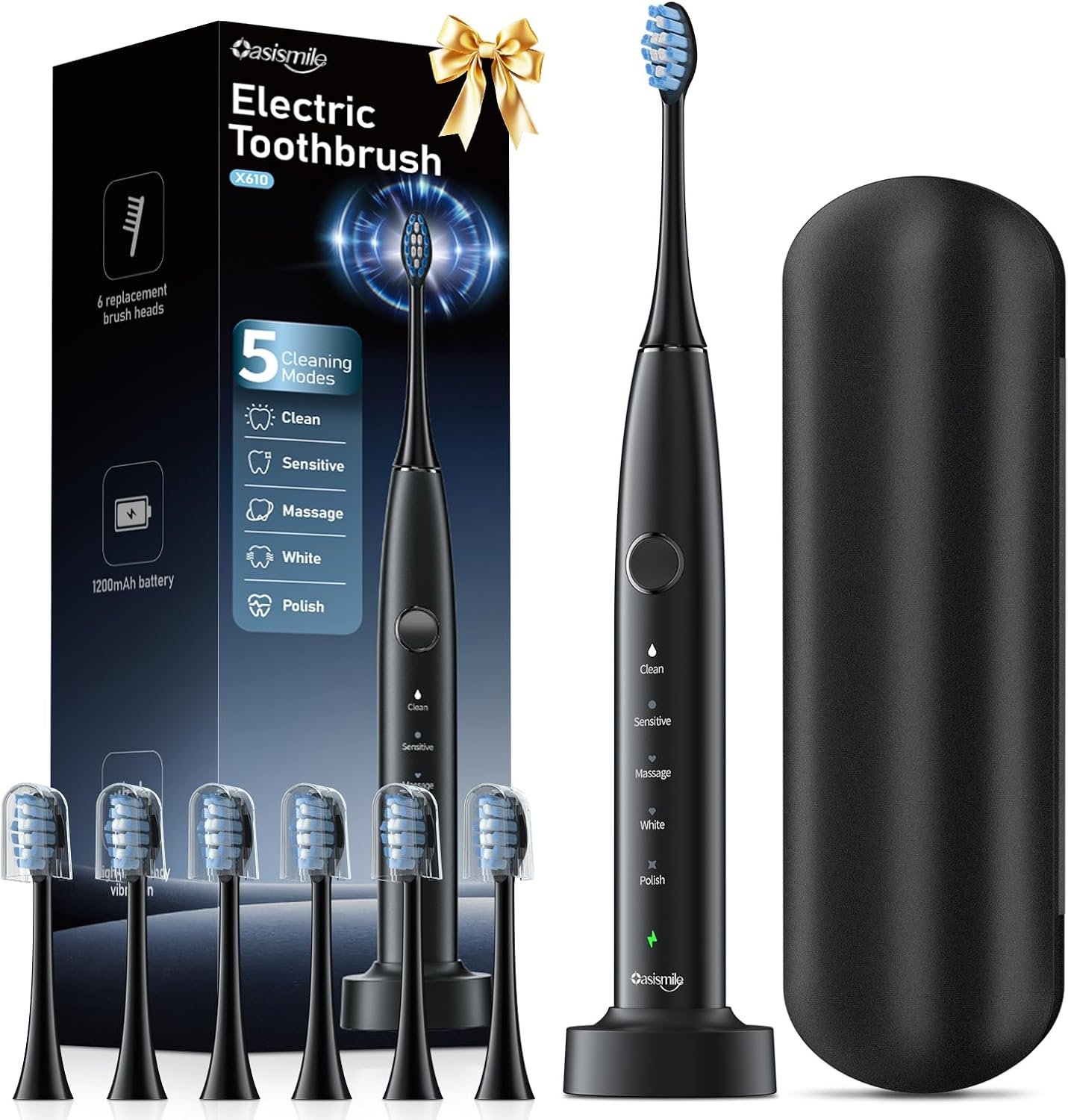 OasiSmile Sonic Electric Toothbrush, 42000 VPM Toothbrush with 6 Brush Heads & Travel Case, 5 Modes with 2 Minutes Built in Smart Timer, Wireless Charging, 100-Day Battery Life for Home Travel