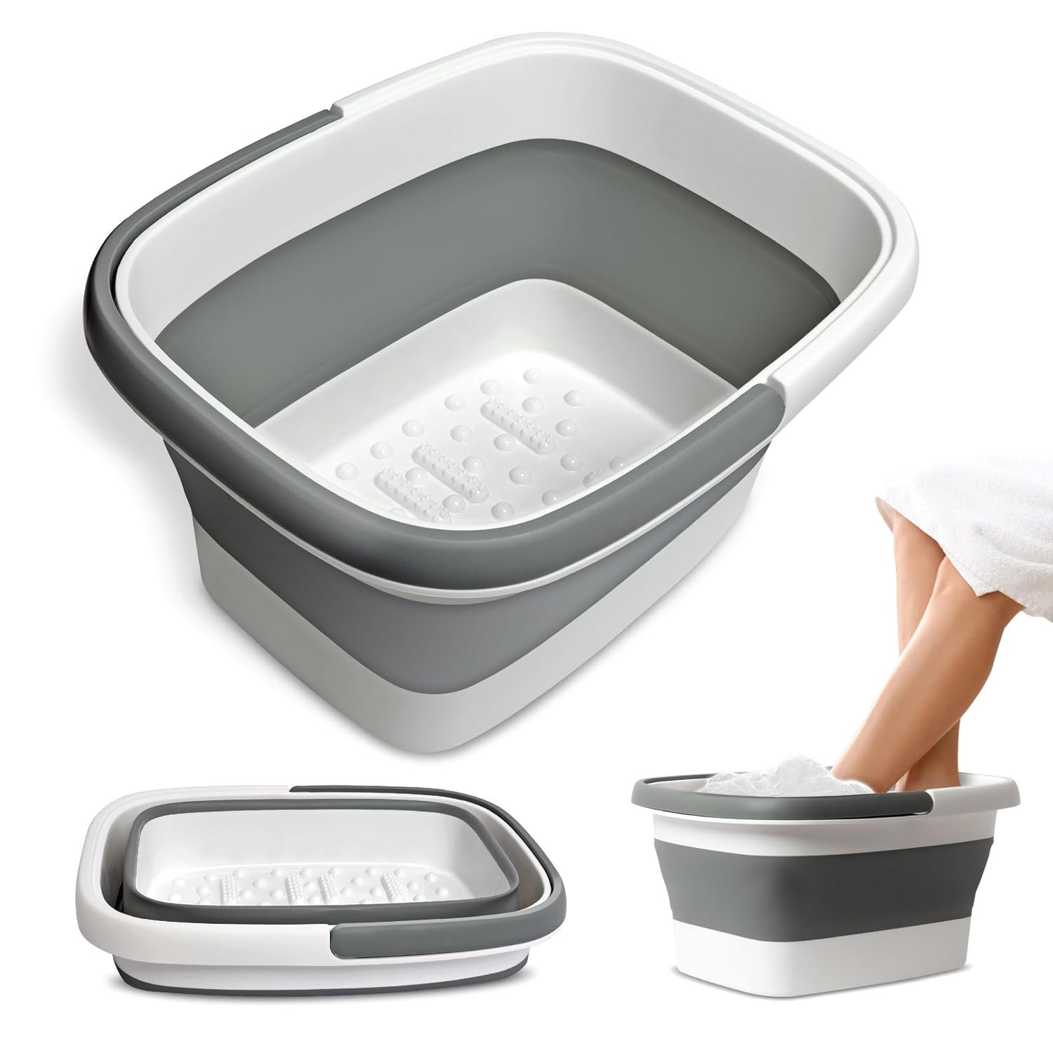 Mantello Collapsible Foot Bath Foot Soaking Tub | Portable Foot Spa Pedicure Bowl | Large Basin to Soak & Wash Feet | Folding Bucket with Carry Handle | White & Grey, Blue, Green [White & Grey]
