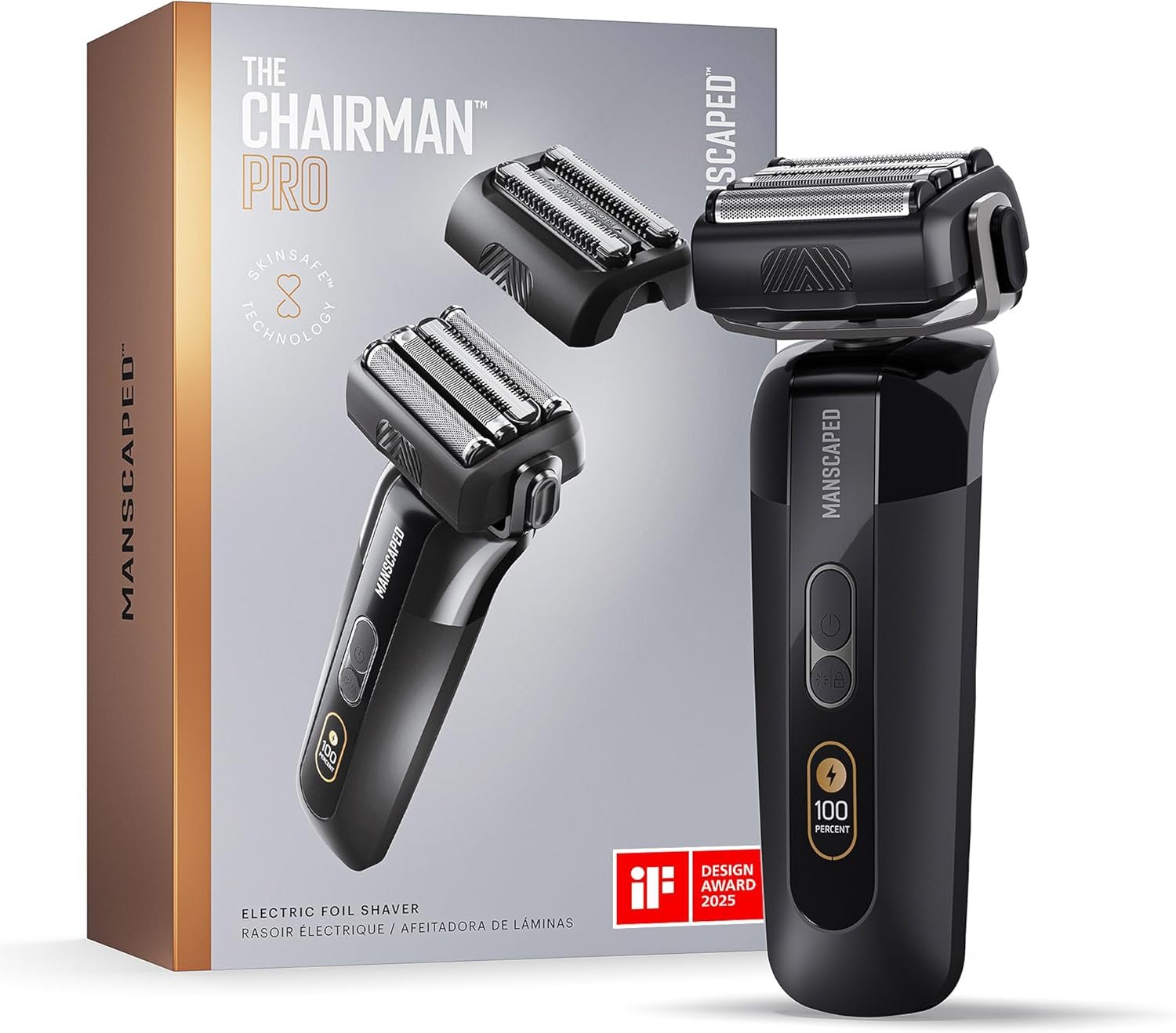 MANSCAPED® The Chairman™ PRO Men’s Electric Foil Face Shaver – Two Interchangeable Blade Heads, SkinSafe® Four-Blade Foil & Stubble Trimmer, USB-C Wireless Compatible Charging, Gentle on Neck