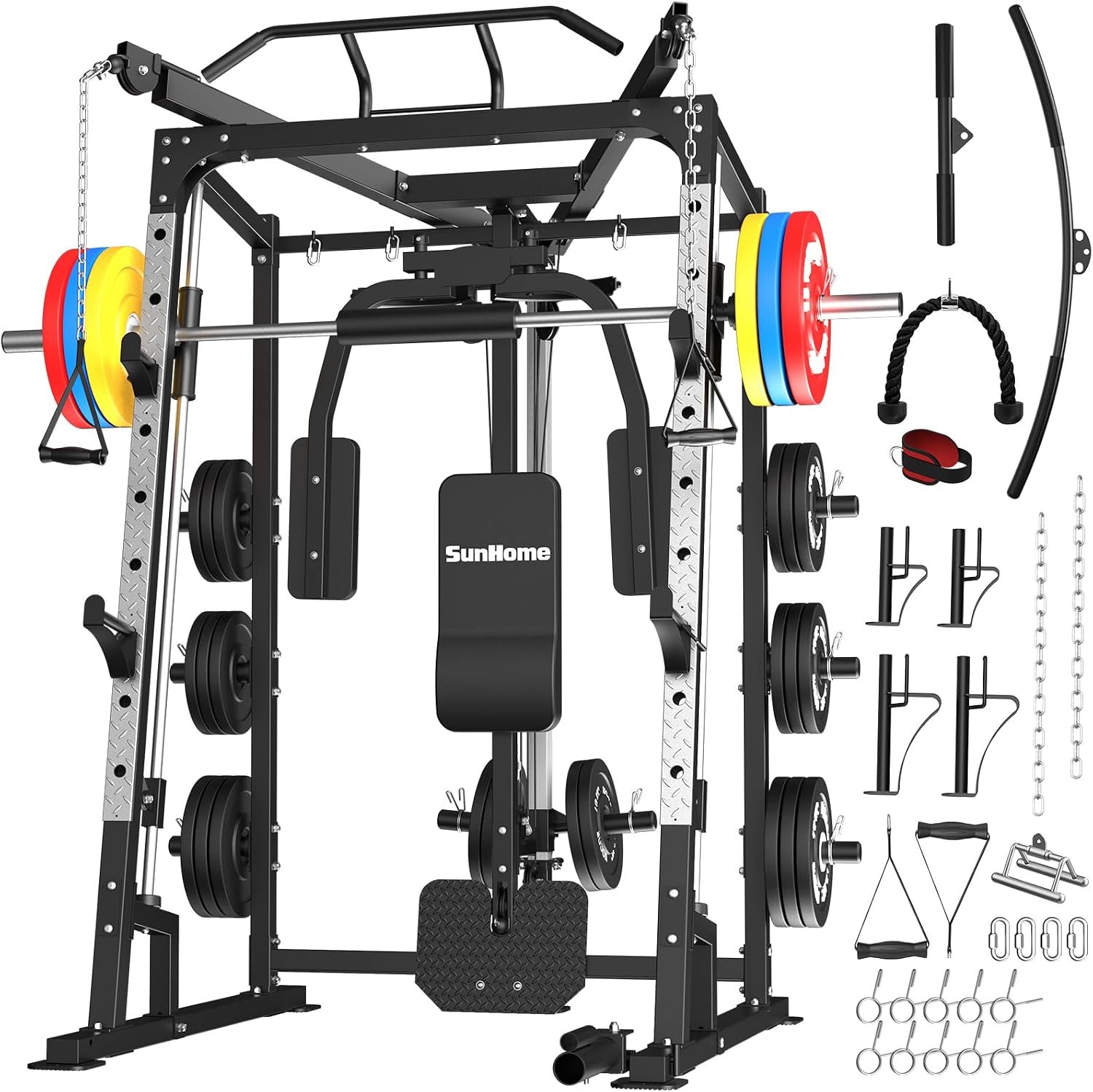 SunHome Smith Machine, 2000LBS Power Cage Squat Rack with Smith Bar, LAT Pull-Down Systems, Cable Crossover Machine for Home Gym