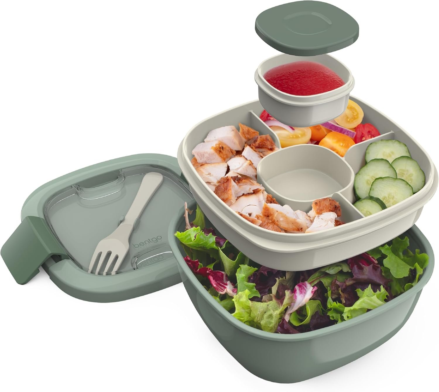 Bentgo Salad Container, Lunch Bowl with 4-Compartment Toppings Tray, 54 oz | Leak-Proof Dressing Container, Reusable Fork, BPA-Free, Microwave & Dishwasher Safe (Khaki Green)