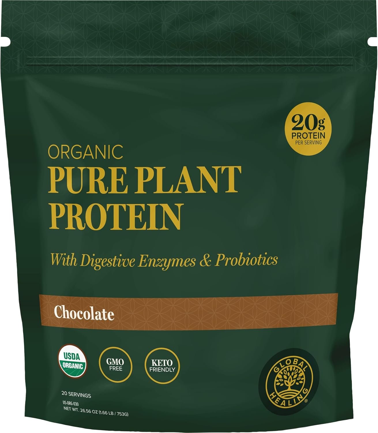 Global Healing Organic Plant Chocolate Protein Powder for Men and Women 20g – Dairy Free Protein Powder with Digestive Enzymes & Probiotics to Support Gut Health (1.6 Lbs)