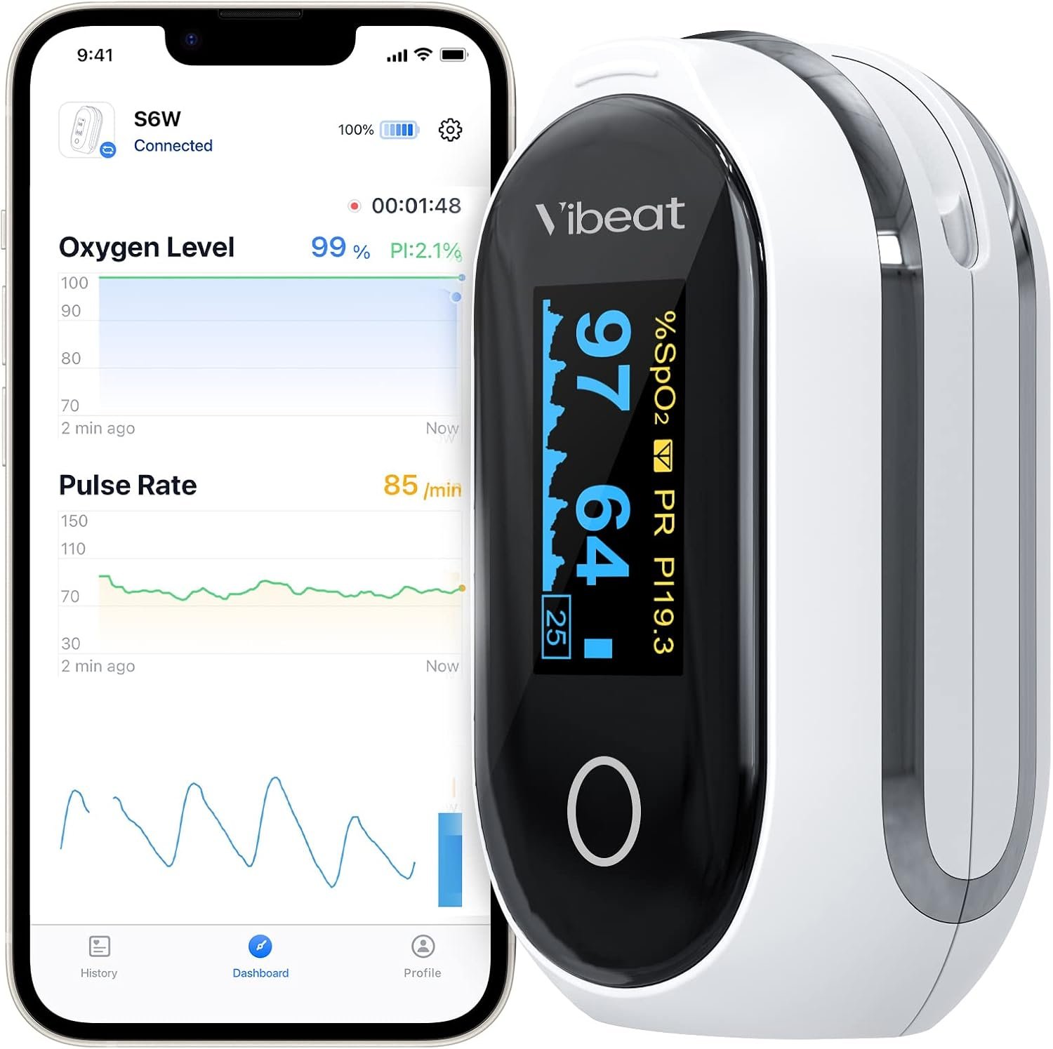 Rechargeable Oxygen Meter Finger Pulse Oximeter, Bluetooth Fingertip Blood Oxygen Saturation Monitor with Pulse Rate, Batteries and Lanyard Included, Free APP