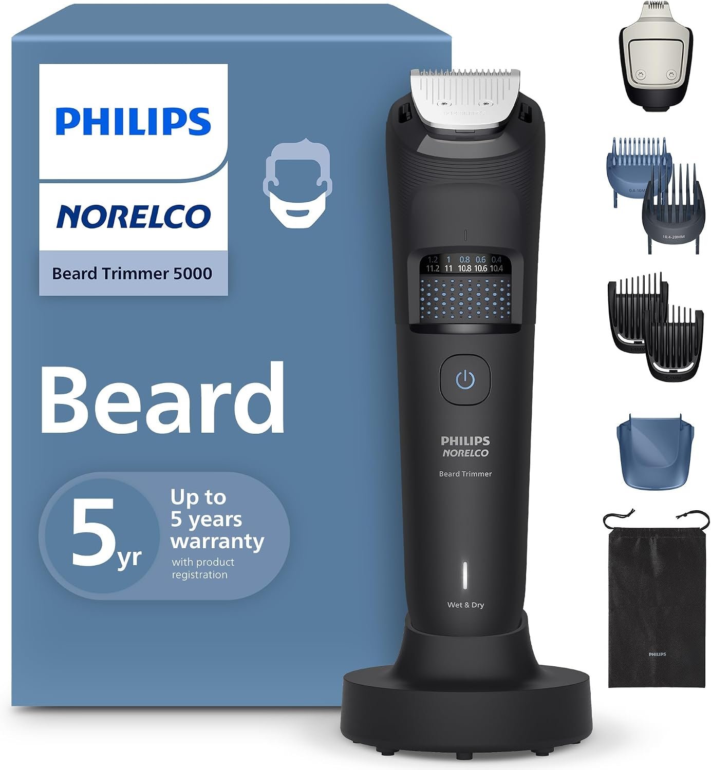 Norelco Philips Beard Trimmer 5000, 40 Lengths, Charging Stand, Black | Self-Sharpening Blades, 40 Length Precision Dial, Detail Trimmer, Hair Collector, 100% Waterproof, 100-Min Runtime, BT5785/40