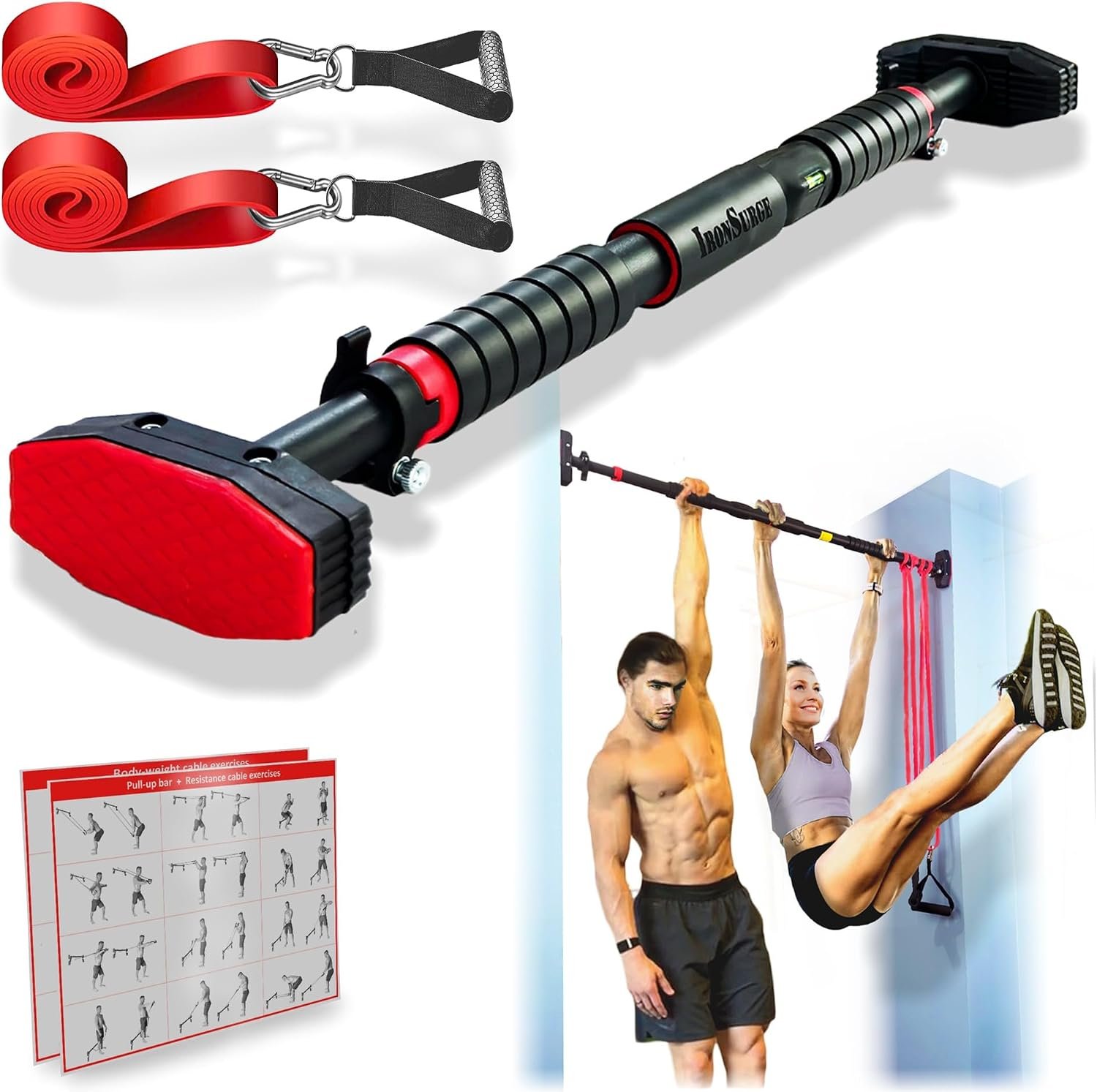 Pull Up Bar for Hallway or Doorway 6-piece Set with Two Attachable Resistance Bands/Handles, Training Manuals, No Screws Chin Up Bar, Max 680lbs, Width options: 27-37″, 37-47″; 46-53″
