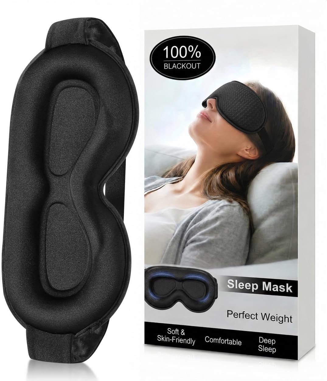Weighted Sleep Mask, 3D Blackout Eye Mask, Deep Cups, Black | 4.05 oz gentle weight, deep lash-friendly eye cups, and a wide adjustable strap for nighttime, travel, and daytime sleep