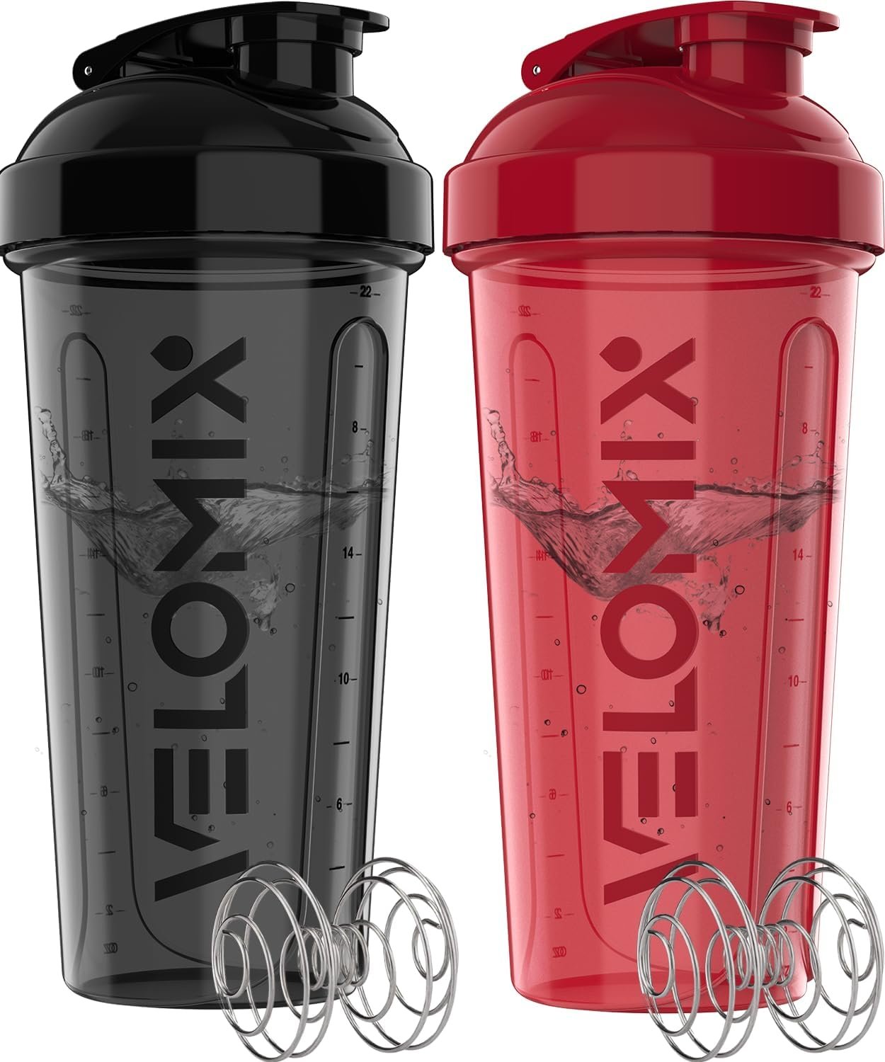 VELOMIX 2 Pack 28oz Protein Shaker Bottle for Protein Mixes, Red/Black | 2x Wire Whisk, Leak Proof Shaker Cups for Protein Shakes, Stackable, Dishwasher safe, BPA free, Pre Workout and Fitness ready