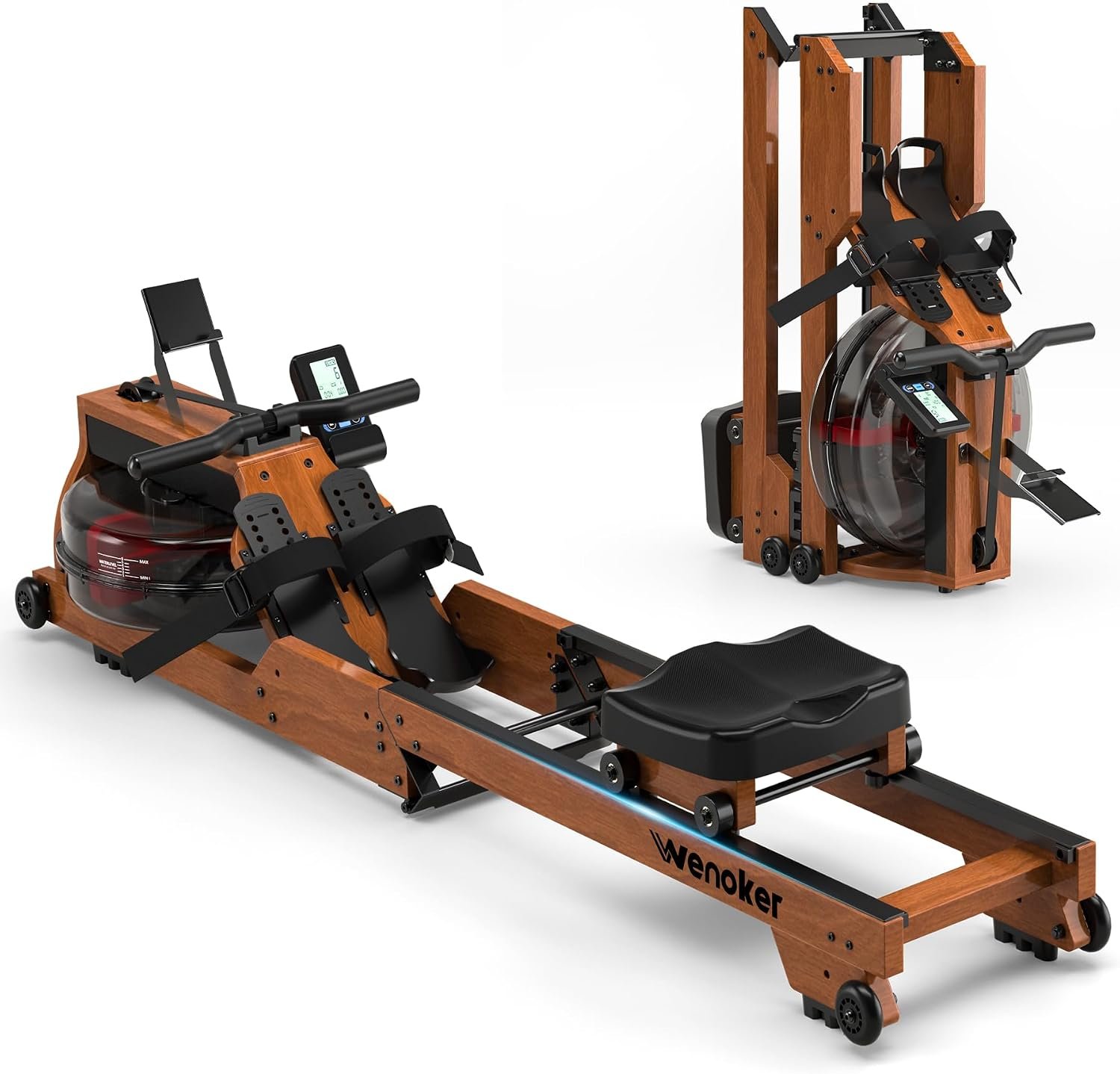 Water Rowing Machine for Home Use, WENOKER Wooden Foldable Rower Machine with Dedicated Monitor & Bluetooth APP, Large Water Tank & Comfortable Seat for Immersive Water Rower, 350LBS Weight Capacity