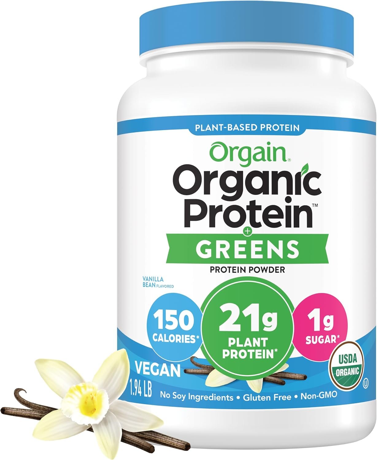 Orgain Organic Vegan Protein Powder + Greens, Vanilla Bean – 21g Plant Based Protein, Gluten Free, Dairy Free, Lactose Free, Soy Free, No Sugar Added, With Iron & Prebiotics for Gut Health – 1.94lb