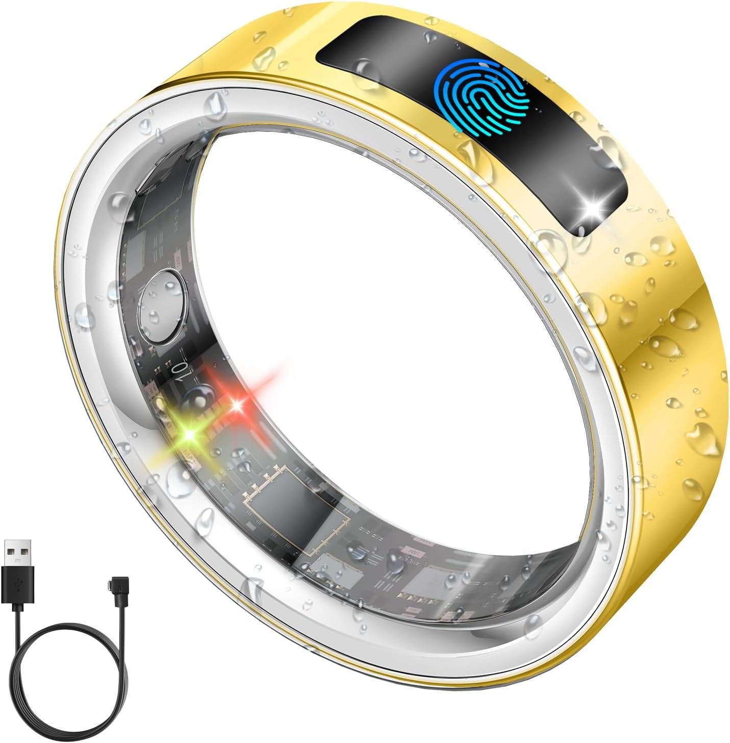uaue Smart Health Ring for Women Men, Vibration Alert, Touch Control, Fitness Tracker Ring with Sleep/Women’s Health/Heart Rate/Steps, IP68 Waterproof for iPhone and Android, Gold 8, No Subscription