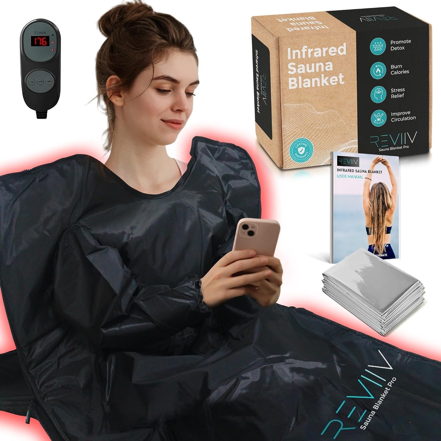 Portable Sauna Blanket with Arm Sleeves – v2.0 Improved Features! 6 ft x 3 ft Far Infrared Sauna Blanket for Detoxification with 10x Bonus Thermal Blankets – Saunas for Home, 113-176℉
