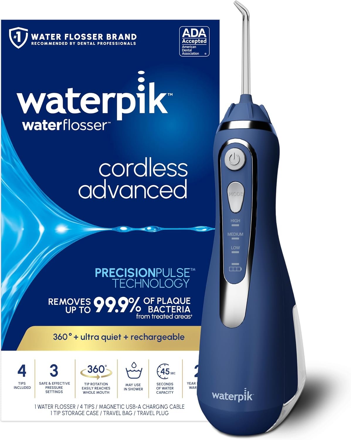 Waterpik Cordless Advanced Portable Water Flosser, Rechargeable, Blue | 3 Settings, 4 Tips, Travel Bag, for Gums, Teeth, Dental Braces, Implants, Shower Use ADA Accepted WP-583 Packaging May Vary