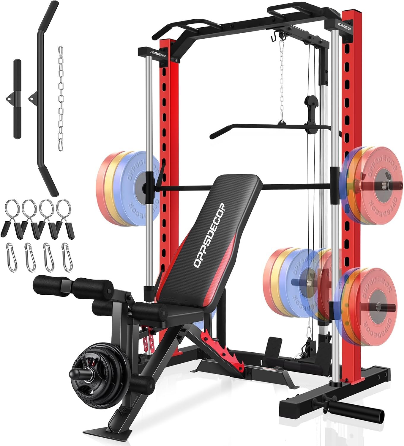 OPPSDECOR All-in-One Smith Machine for Home Gym, 1400LBS Multi-Functional Power Cage Squat Rack with LAT Pulldown System, Cable Machine & Barbell Bar – Strength Training Equipment with Attachments