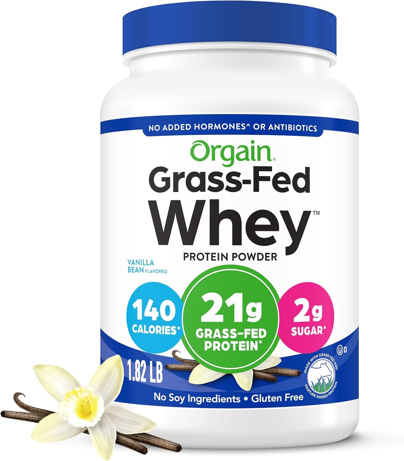 Orgain 21g Grass-Fed Whey Protein Powder, 5g BCAAs, Vanilla Bean, 1.82lb | Dairy protein, 5g BCAAs, 3g prebiotic fiber, no sugar added, no added hormones, gluten free, kosher, for shakes & smoothies