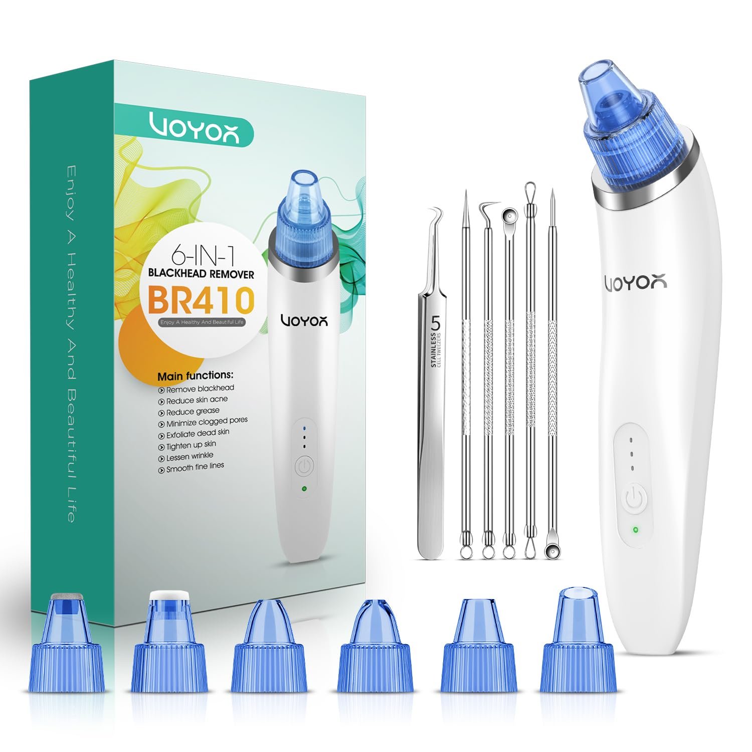 VOYOR Blackhead Remover Pore Vacuum with 6 Suction Heads for Face | 3 Suction Modes, Rechargeable Blackhead Remover Tool with Microcrystalline Head, Pore Cleaner Acne White Heads Removal, BR410