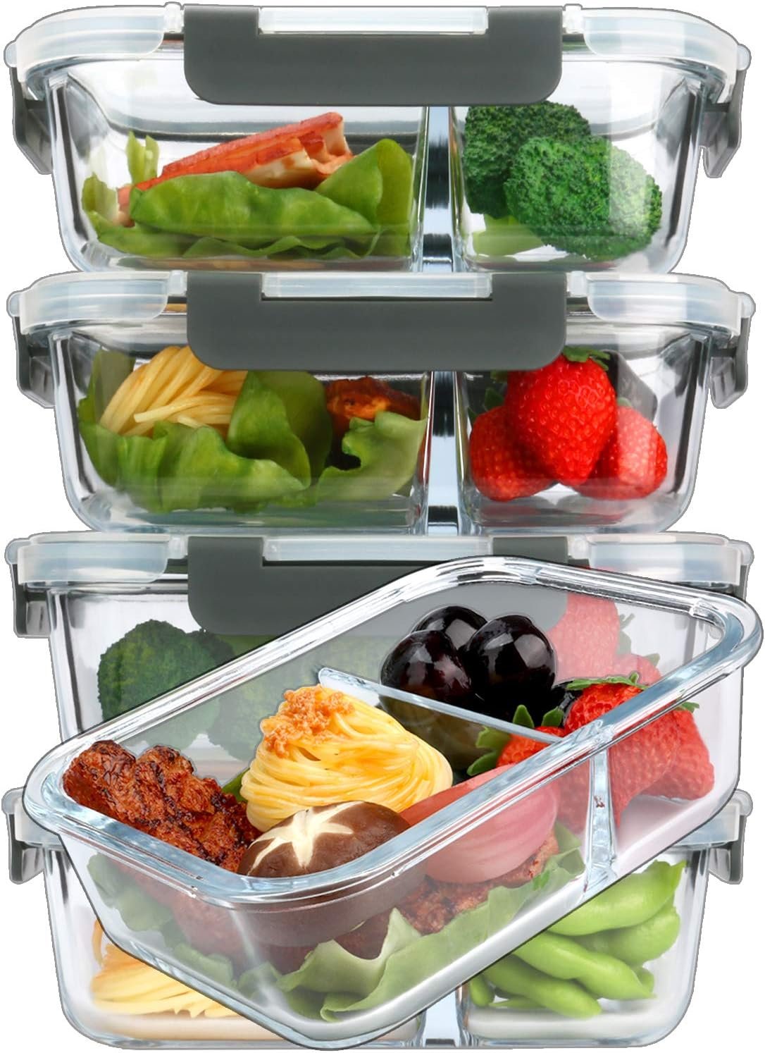 M MCIRCO 5 Pack,36 oz, 2 Compartments Glass Meal Prep Containers with Lids | Divided Glass Food Storage Containers, Portion Control Lunch Containers, Microwave, Oven, Freezer, Dishwasher, 4.5 Cups, Gray