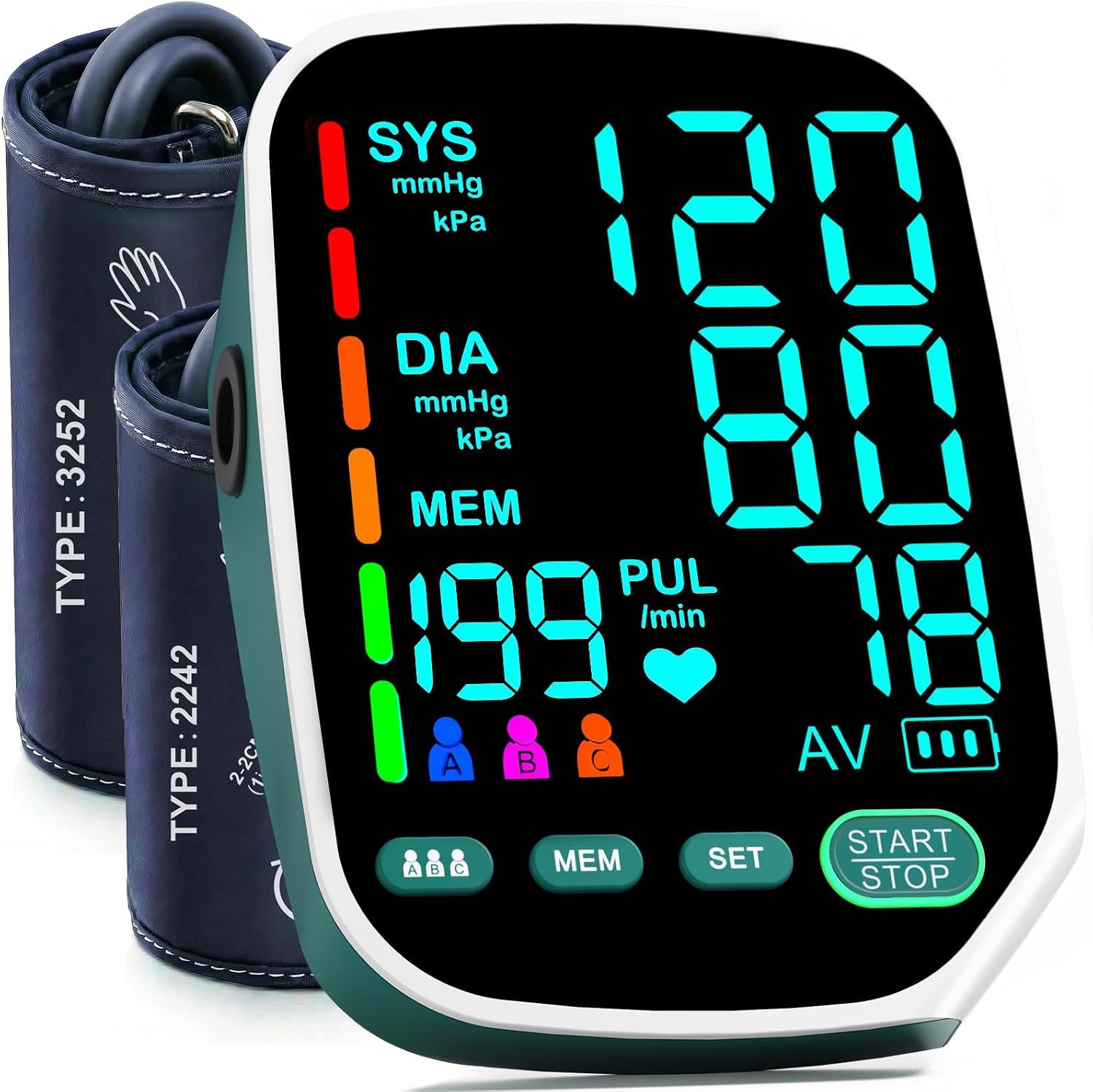 Accurate Upper Arm Blood Pressure Monitor, Dual Cuffs, 3 Users X199 Memory | Dual Cuffs (9-17″&13-21″), One-Touch, LED Backlit Display, Fast 35s Reading, USB-C or 4 AAA, Home Use or Travel, Green
