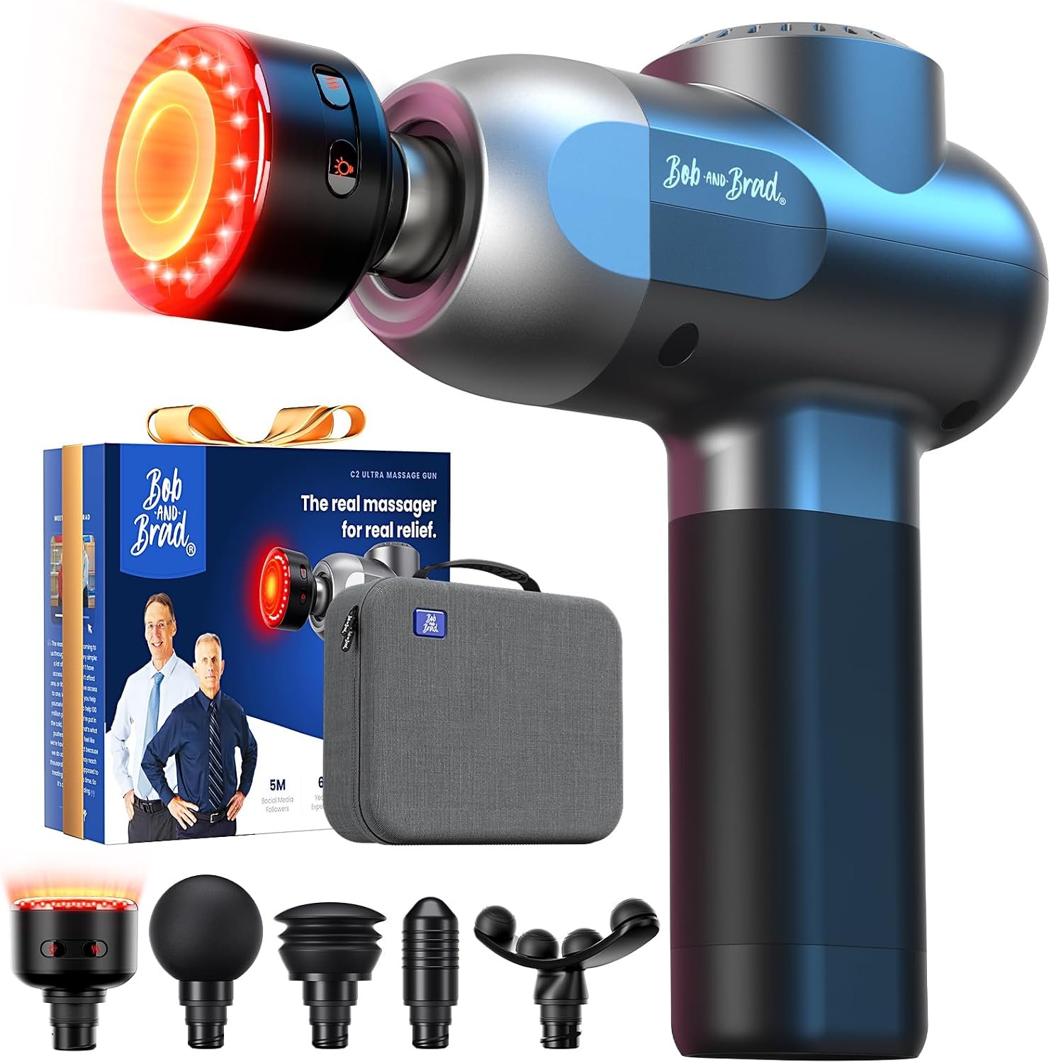 BOB AND BRAD C2 Ultra Massage Gun with Heat, Red LED & Infrared, FSA Eligible Deep Tissue Percussion Massager for Pain Relief, Electric Muscle Recovery for Athletes, HSA Approved