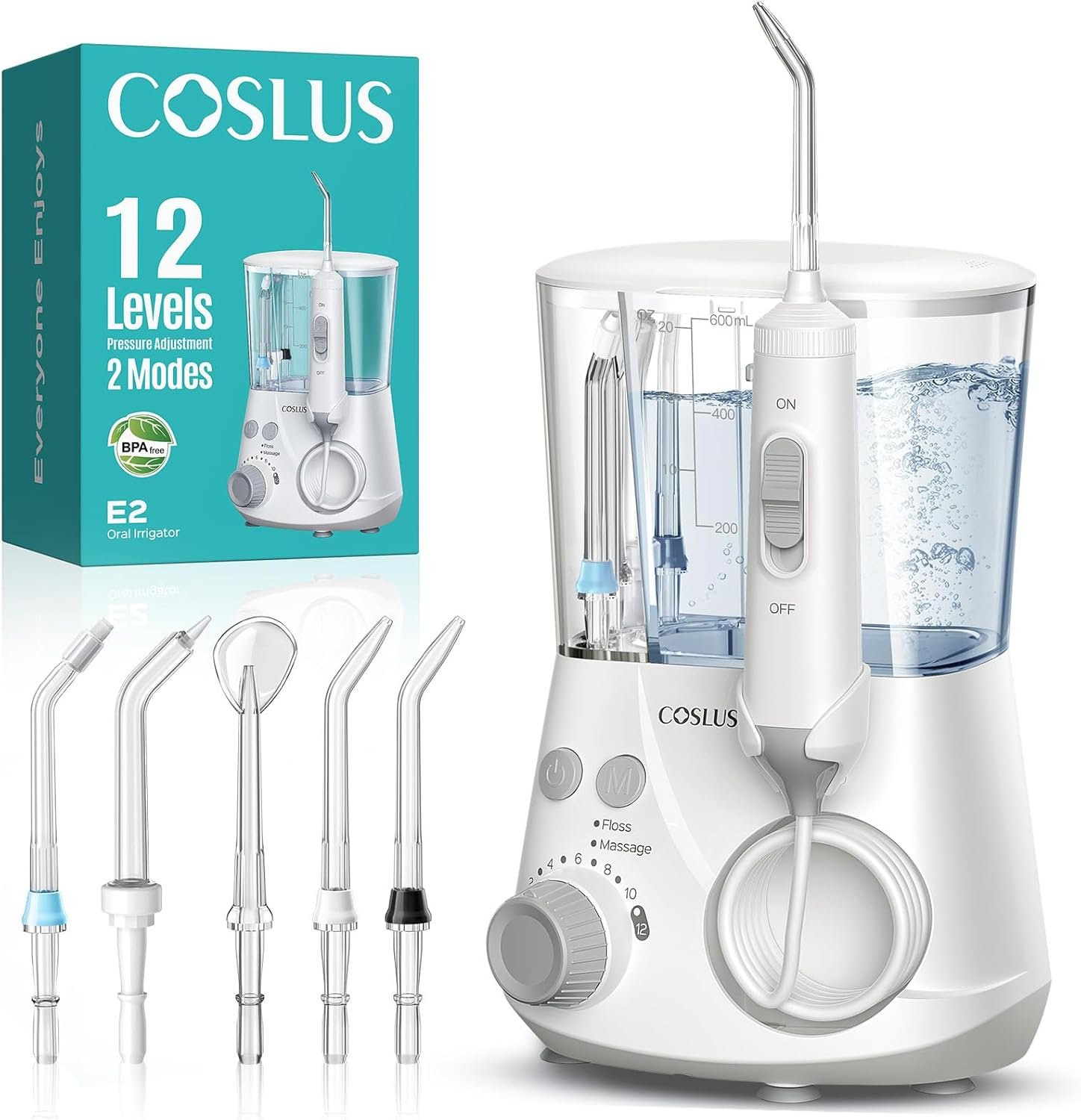 COSLUS E2 Advanced Water Dental Flosser Teeth, 2 Modes 12 Pressure Settings | Electric Pick for Orthodontic, Braces, Sensitive Gums – Home Use, ​​5 Jet Tips for Multiple Family Users, White, Standard Set