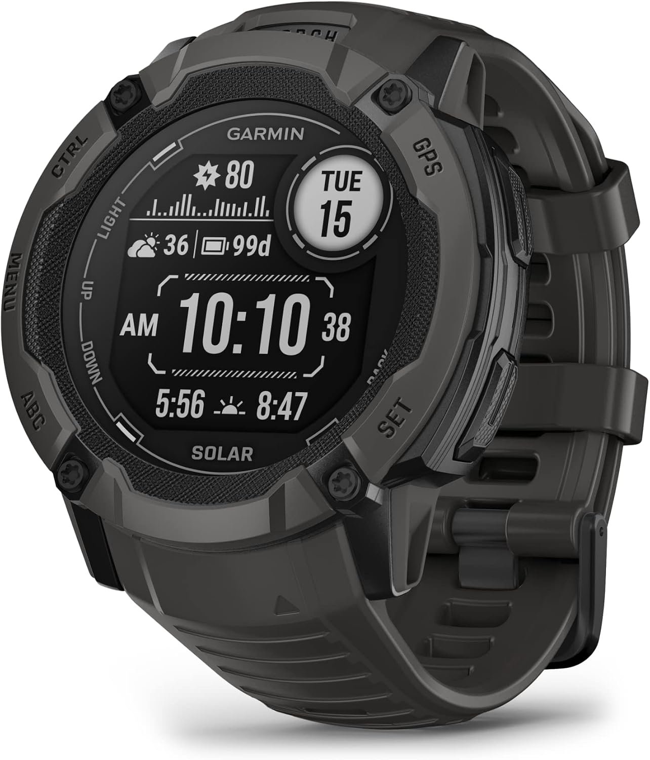 Garmin Instinct® 2X Solar, Rugged Outdoor Smartwatch, 50mm, Graphite | Solar Charged, Built-In Flashlight,Mutli-Band Frequency Support, ABC Sensors, Tracback® Routing, Reference Points