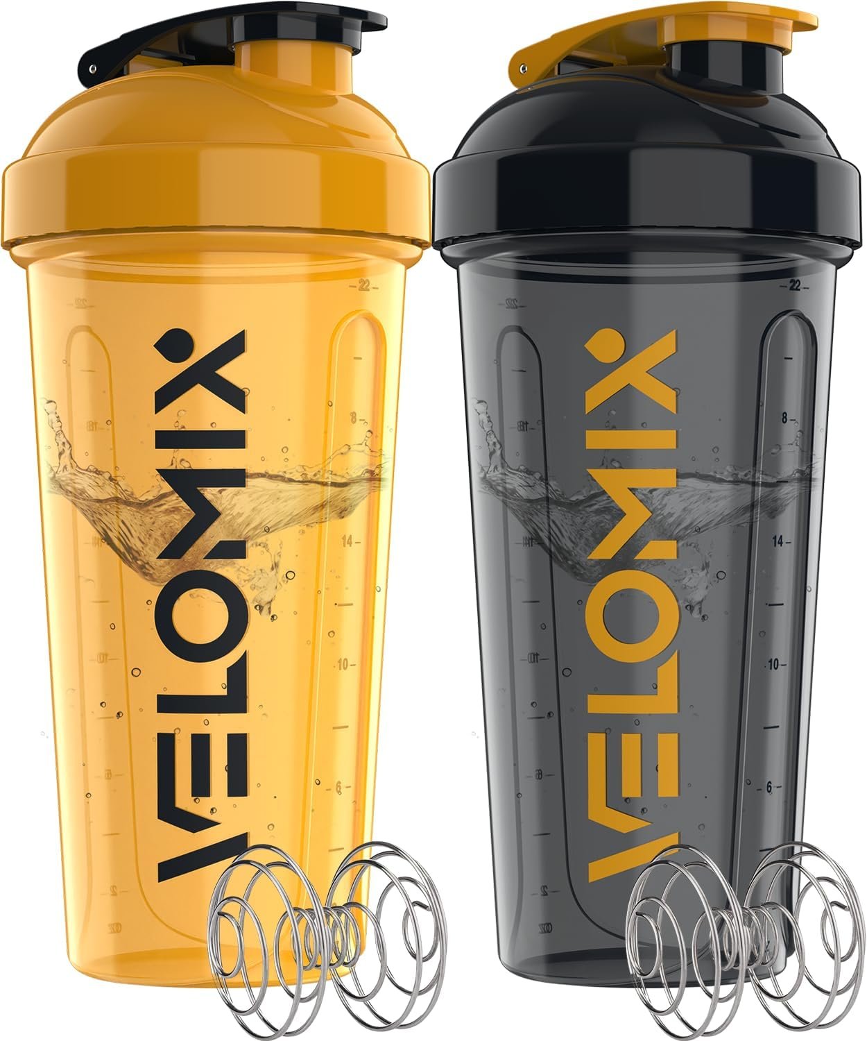 VELOMIX 2 Pack 28oz Protein Shaker Bottle for Protein Mixes, Golden Stone | 2x Wire Whisk, Leak Proof Shaker Cups for Protein Shakes, Stackable, Dishwasher safe, BPA free, Pre Workout and Fitness ready