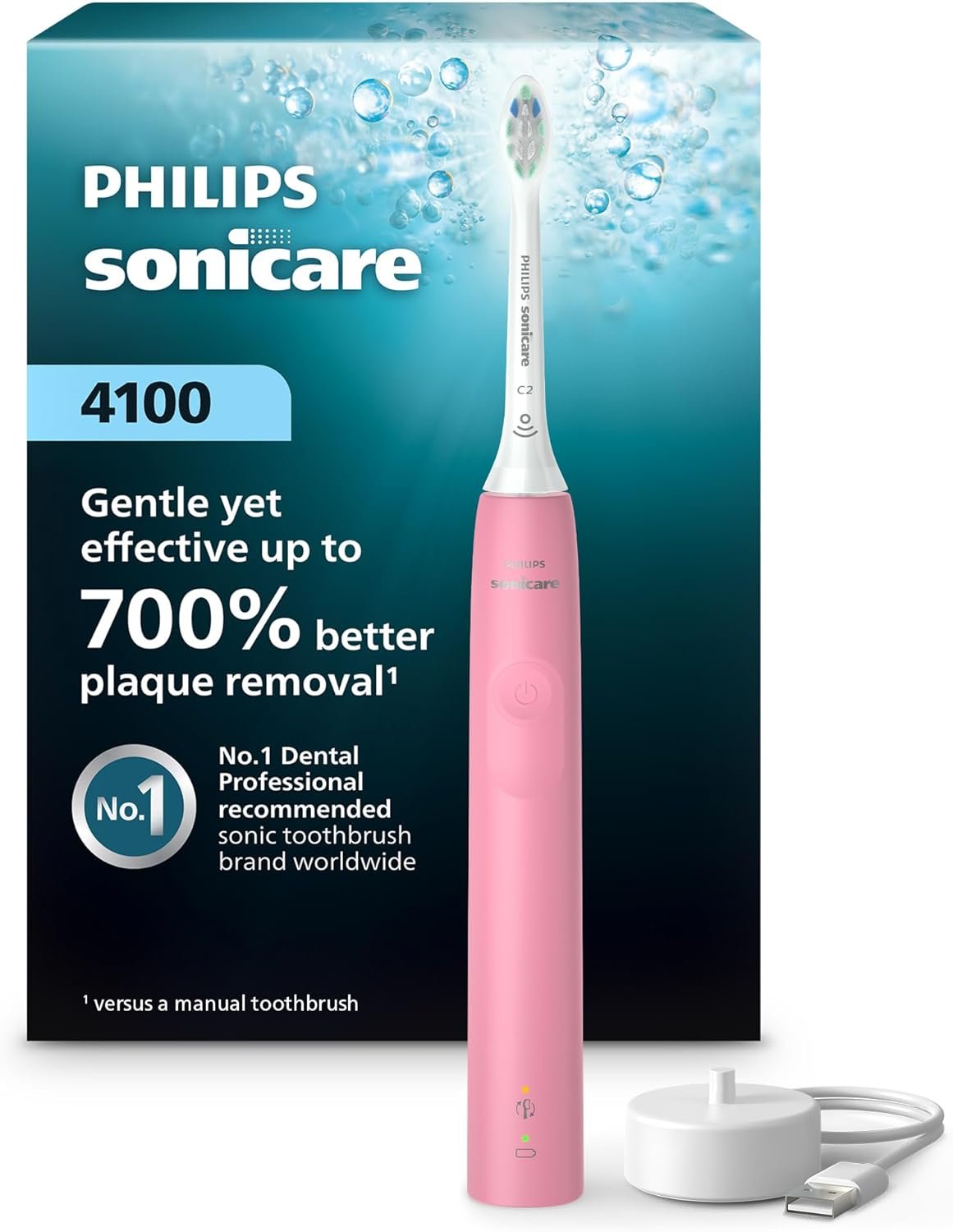 Philips Sonicare 4100 Rechargeable Electric Toothbrush, Deep Pink | 700% More Plaque Removal¹, Pressure Sensor, 2 Brush Settings, 2-Week Battery, 2-Minute Guided Timer, HX3681/26