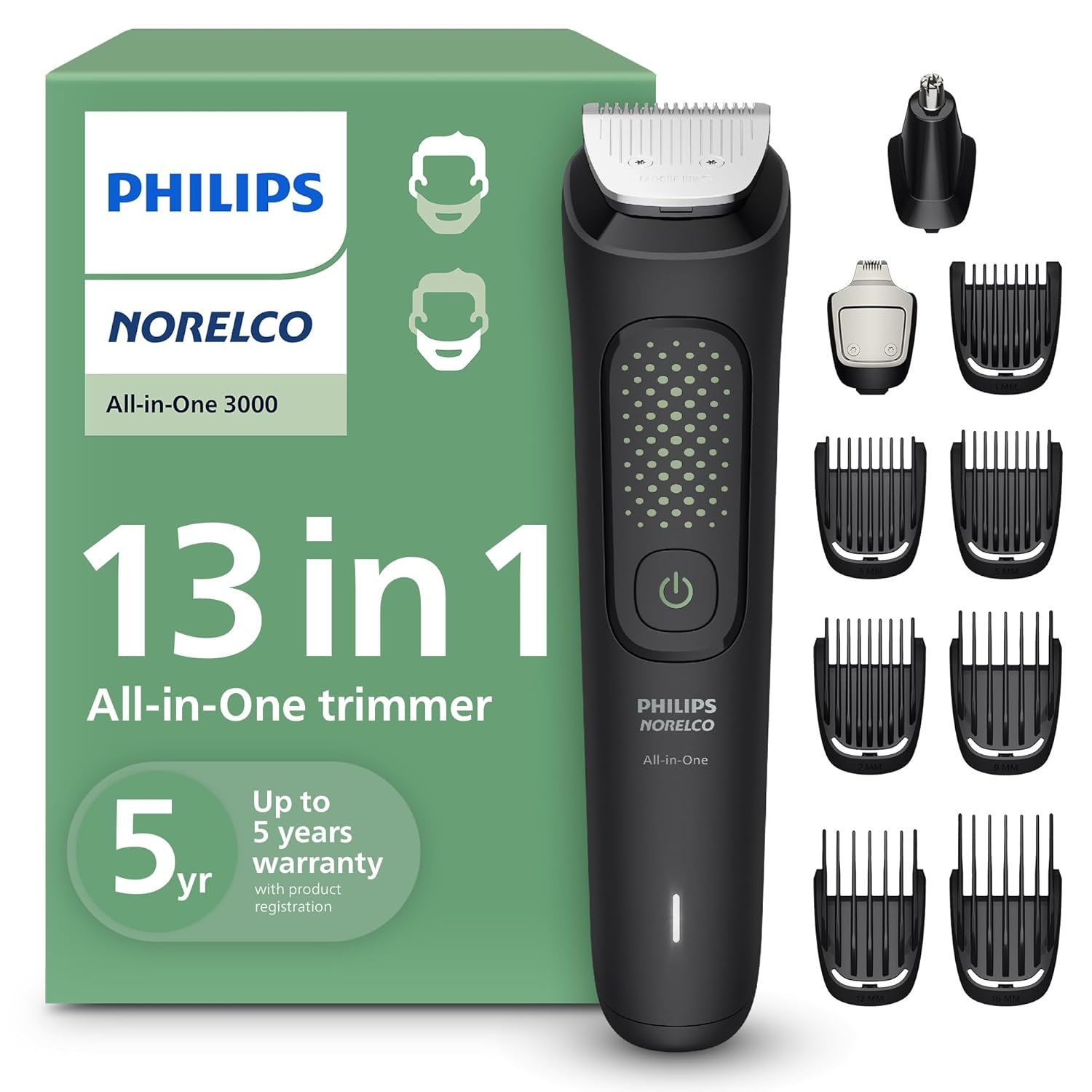 Norelco Philips All-in-One 3000 13-in-1 Trimmer, Face & Hair, Steel Blades | Beard Styler, Nose & Detail Trimmer, Hair Clipper, Self-Sharpening Blades, 8 lengths, 60-Min Runtime, Rinseable, MG3939/50