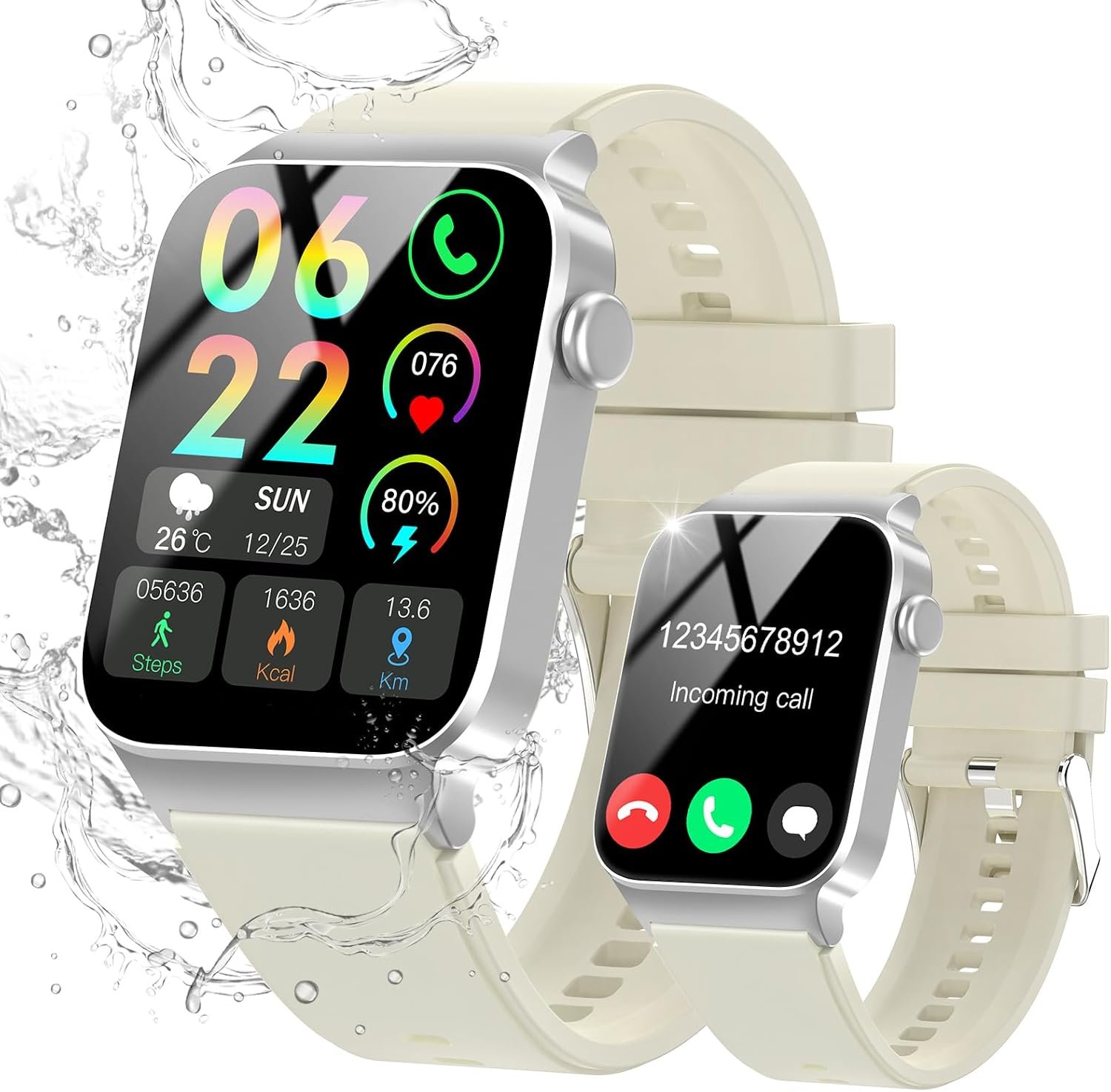 STECEi Smart Watch for Men Women Bluetooth Call, 1.85″ HD Screen Smartwatch with Heart Rate/Sleep Monitor, 110+ Sport Modes Activity Trackers IP68 Waterproof, Fitness Watch for Android iOS, Off White
