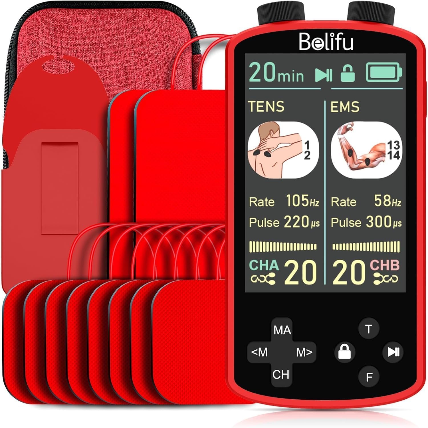 TENS EMS Unit Muscle Stimulator for Pain Relief Therapy – 4 in 1 TENS EMS Relax Custom Frequency+Pulse – Muscle Massager 36 Modes 20 Intensity, Memory & Favorites Function, 3.8″ Color Display – Red