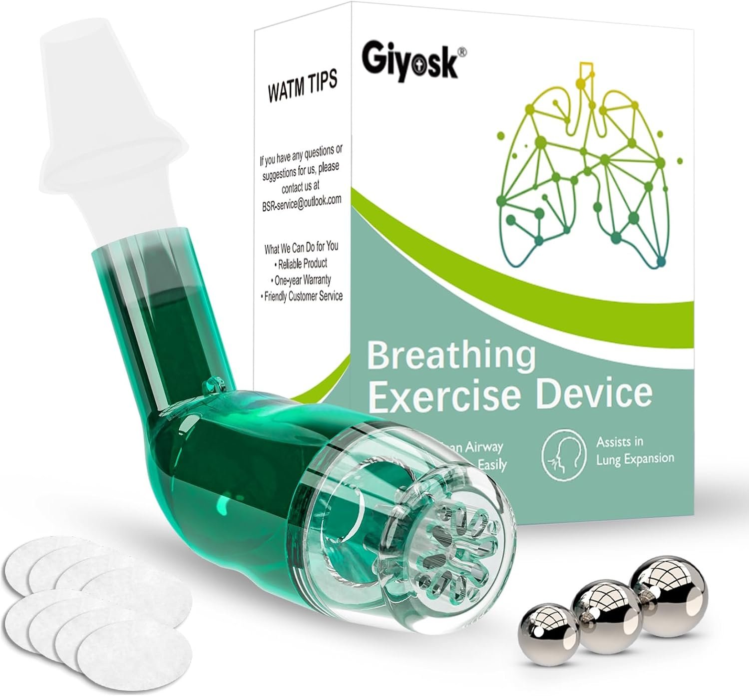 Giyosk Breathing Exercise Device for Lungs, Lung Expansion and Mucus Relief Device, Portable Expiratory Breathing Exerciser with A Set of Accessories, Breathing Trainer for Lung Cleanse(Green)
