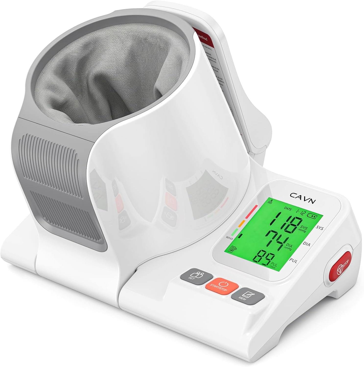 CAVN Blood Pressure Monitor, No-Wrap Barrel-Type Arm Cuff for Home Use | One-Touch Measurement, 3-Color Backlight, Fits Arms 7.1″-16.5″, Dual-User 2×99 Memory, Type-C Rechargeable