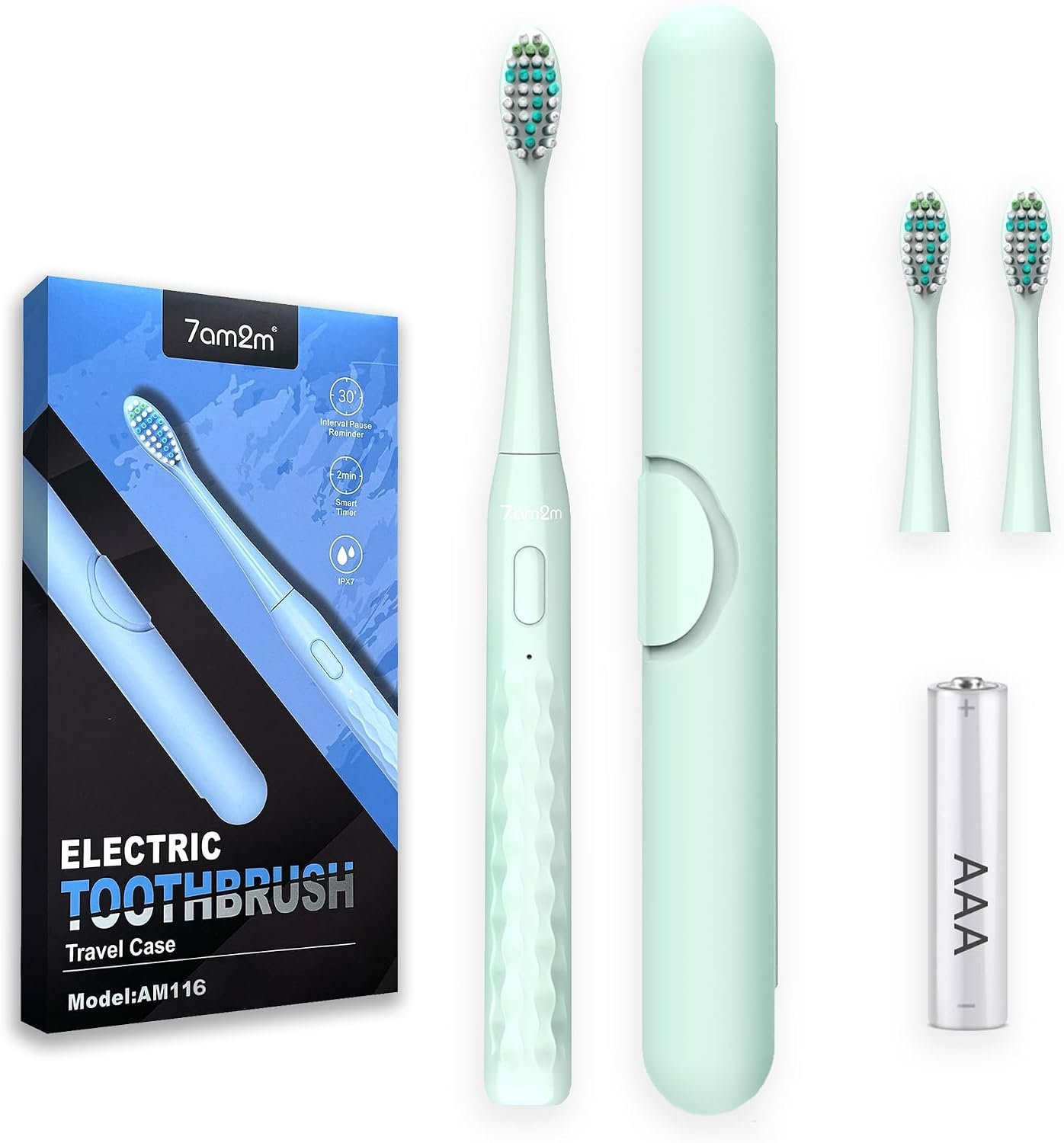 7AM2M Sonic Travel Electric Toothbrush for Adults & Kids, Travel Case&2 Brush Heads, Battery Powered Sonic Toothbrush, Compact Design for Daily/Travel Use-Green