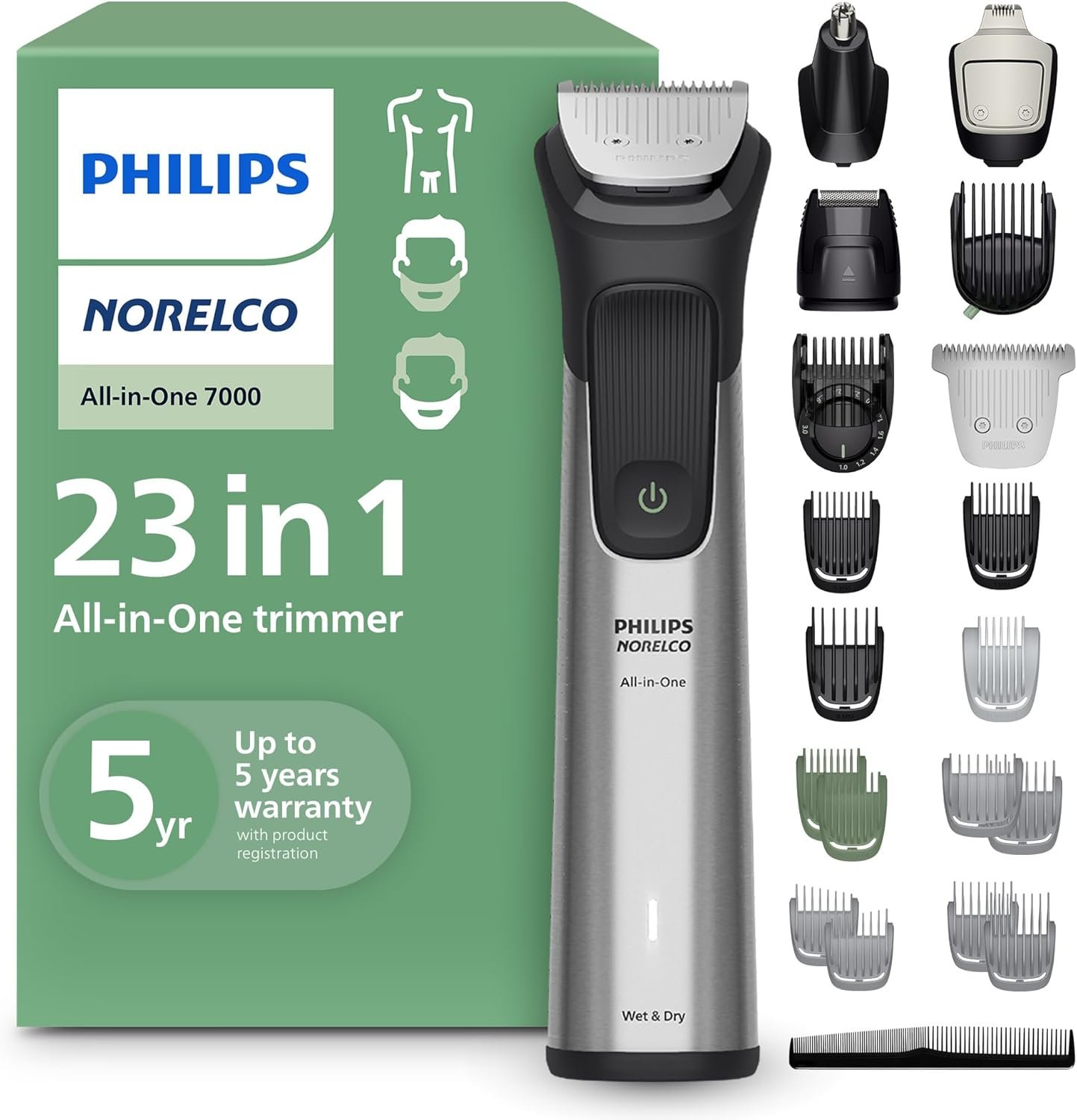Norelco Philips All-in-One 7000 23-in-1 Trimmer, Face, Hair & Body, Steel | Beard Styler, Nose, Detail & Body Trimmer, Hair Clipper, Ti Blades, T-Blade, 26 lengths, 5-Hr Runtime, Showerproof, MG7970/49