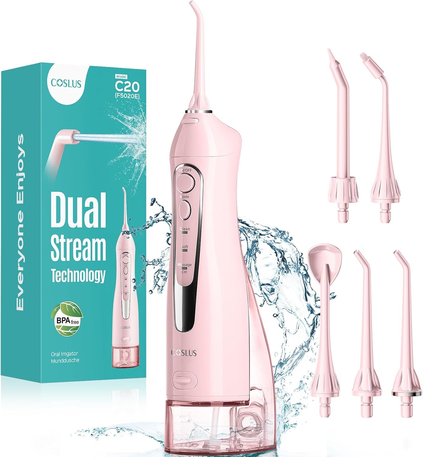 COSLUS ADA Accepted C20 Water Dental Flosser Teeth Pick, 300ML Larger Tank | Portable Rechargeable Oral Irrigator for Orthodontic & Sensitive Gums, Cordless for Travel, Family, Professional Set, Pink