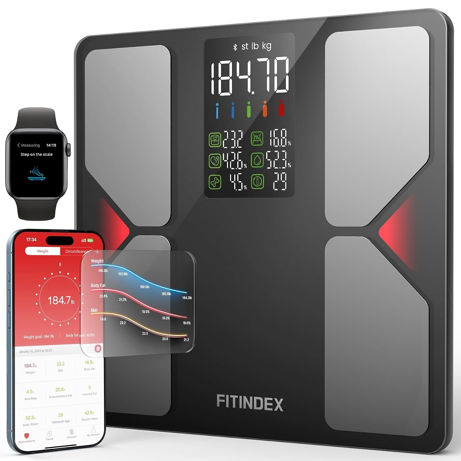 FITINDEX Smart Scale for Body Weight, Body Fat, Bmi, 7-in-1 Display, 500Ibs | Weight Scale with 13 Body Composition Metrics, High Accurate Bathroom Scale for Weight Loss, FSA Eligible HSA, 11.8″