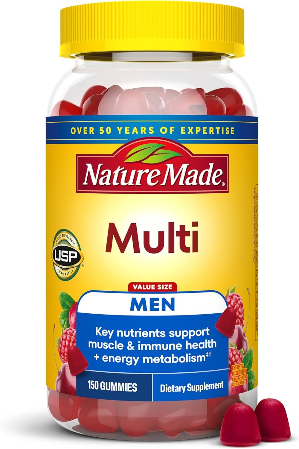 Nature Made Multi for Men, Mens Multivitamins Gummies, 150 Count | Gummy Vitamins and Minerals for Energy Metabolism Support, Multivitamin for Men, Cherry & Mixed Berry Flavors, 75 Day Supply