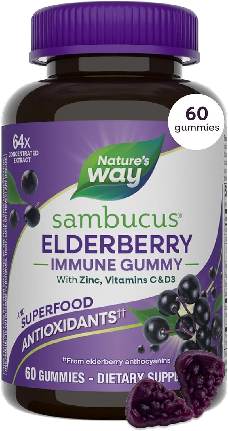 Nature’s Way Sambucus Elderberry Gummies for Immune Support* Ages 4+, 60 ct | Immune Gummy with Black Elderberry Extract, Vitamin C, D3, Zinc, and Superfood Antioxidants*, Adults & Kids Ages 4+