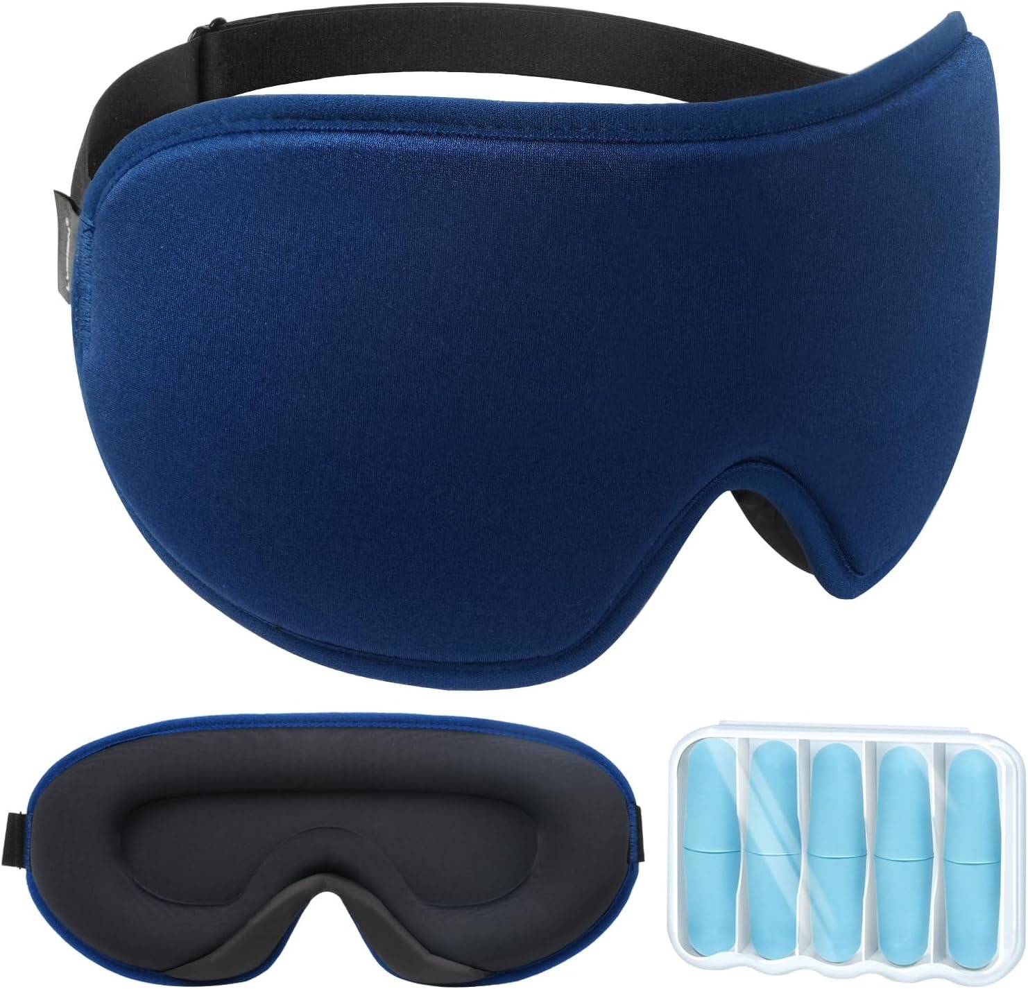 LYSIAN 3D Blackout Sleep Mask for Side Sleepers, 5 Pairs Ear Plugs, Blue | Blackout eye mask with no pressure on eyes, adjustable comfortable blindfold for sleeping, travel & nap
