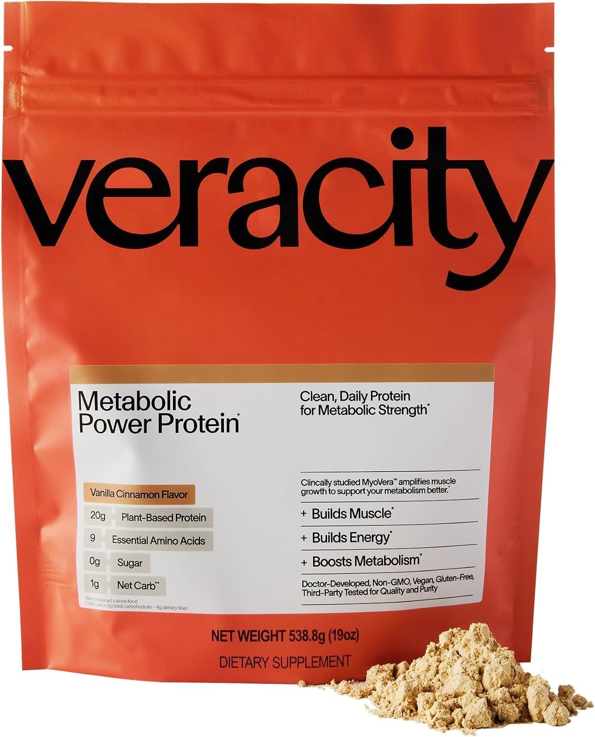 Veracity Plant-Based Protein Powder – Vanilla Cinnamon – MyoVera for Smarter Protein Utilization – Organic, Sugar Free Protein for Metabolic Health – 15 Servings (20g Protein/Serving)