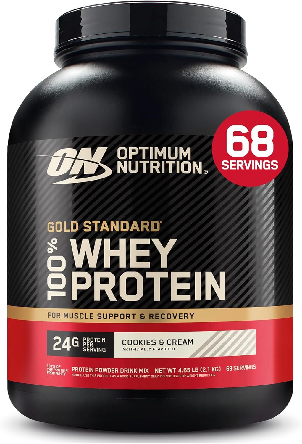 Optimum Nutrition Gold Standard 100% Whey Protein Powder, Cookies & Cream, 5 Pound (Packaging May Vary) | 24g 100% Whey Protein Per Serving, with BCAAs, Gluten Free, Banned Substance Tested, Easy Mixing, Muscle Support & Recovery