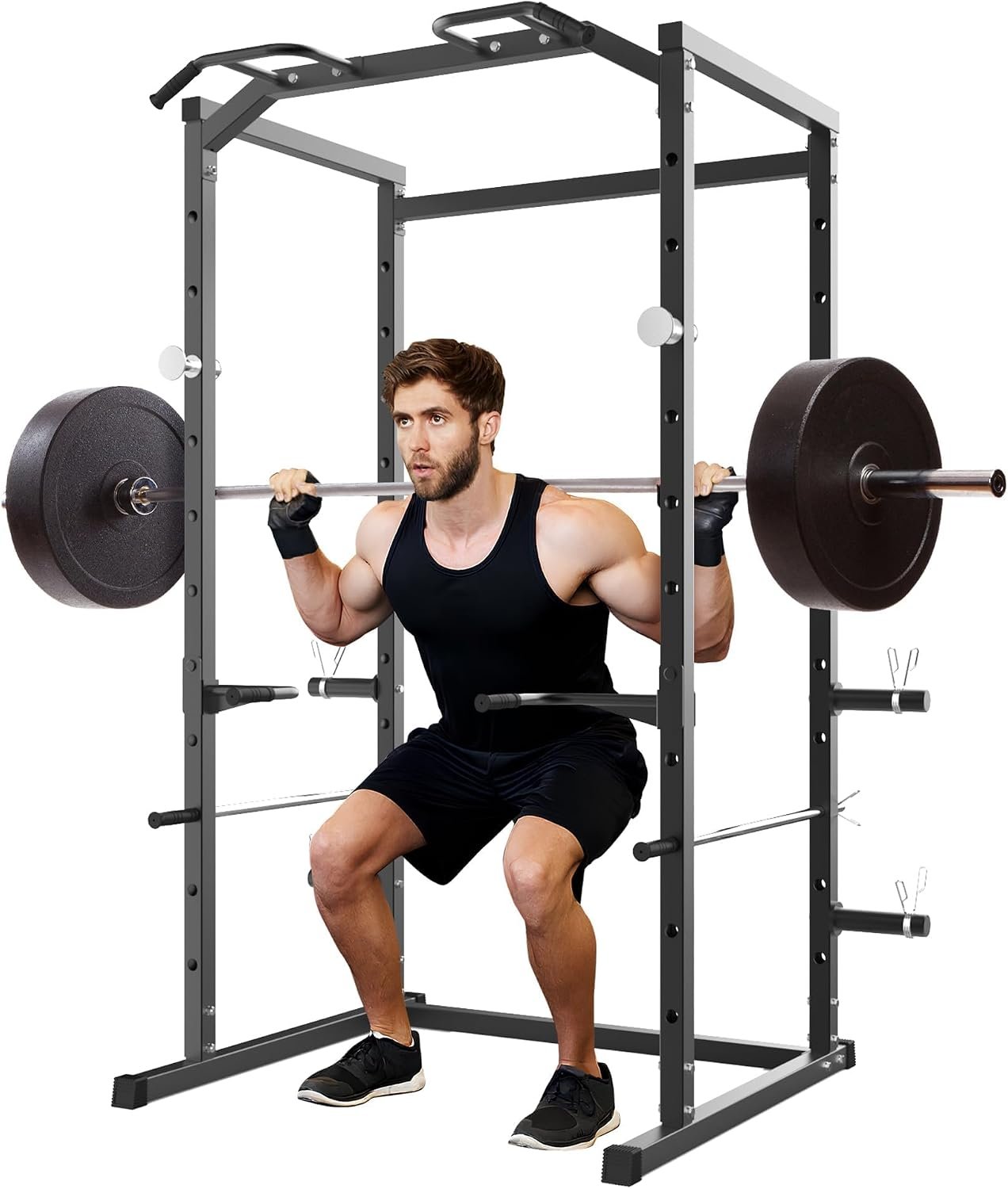Heavy Duty Squat Rack Power Cage, Strength Training Power Cages for Home Gym, 1100 LB Capacity Power Rack with Pull-Up Bar, Dip Bars, Adjustable Safety Spotters, J-Hooks, Plate Storage