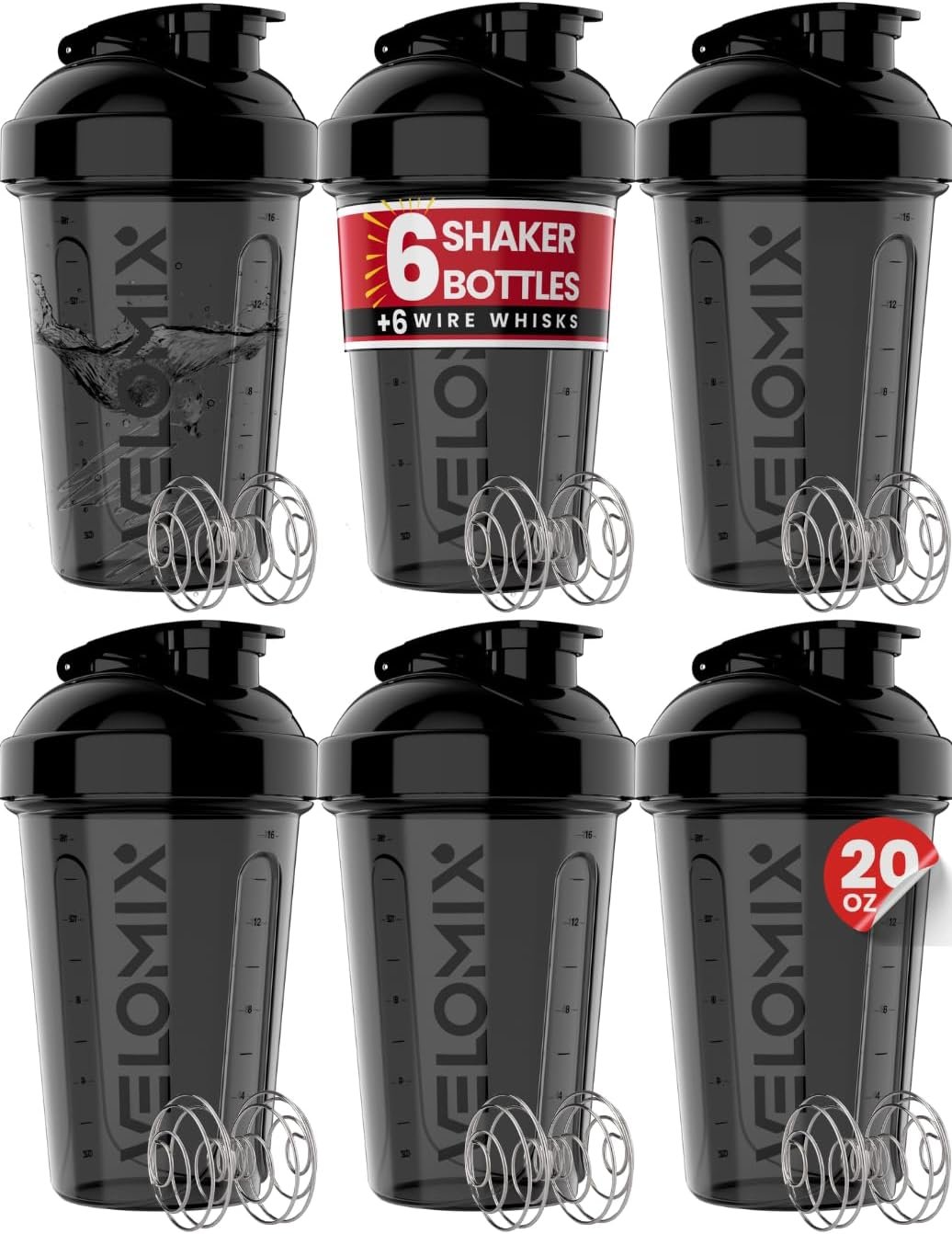 VELOMIX 6 Pack 20oz Protein Shaker Bottle for Protein Mixes, All in Black | 6x Wire Whisk, Leak Proof Shaker Cups for Protein Shakes, Stackable, Dishwasher safe, BPA free, Gym and Travel use