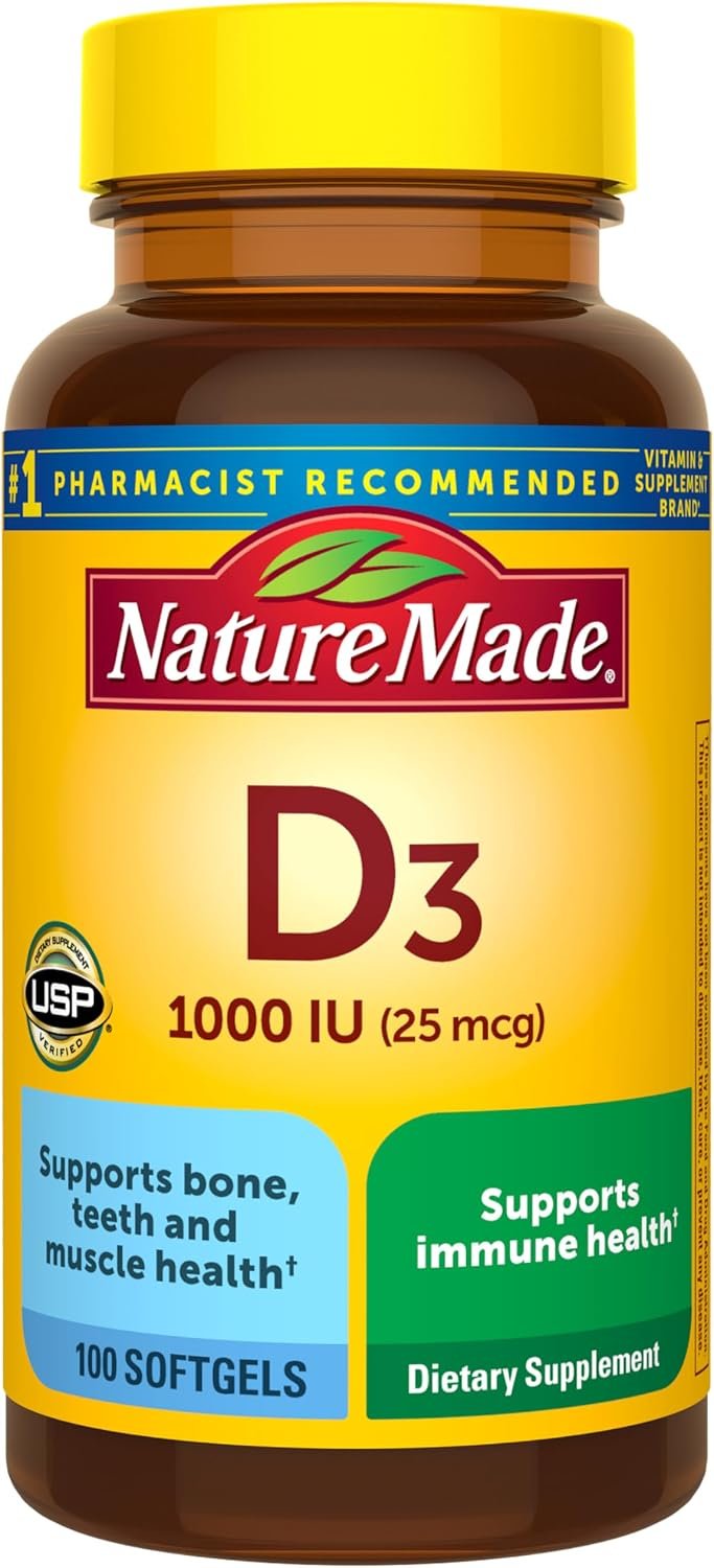 Nature Made Vitamin D3 1000 IU (25 mcg), 100 Vitamin D Softgels | Vitamin D Supplement for Immune, Bone, Teeth and Muscle Health Support, 100 Day Supply