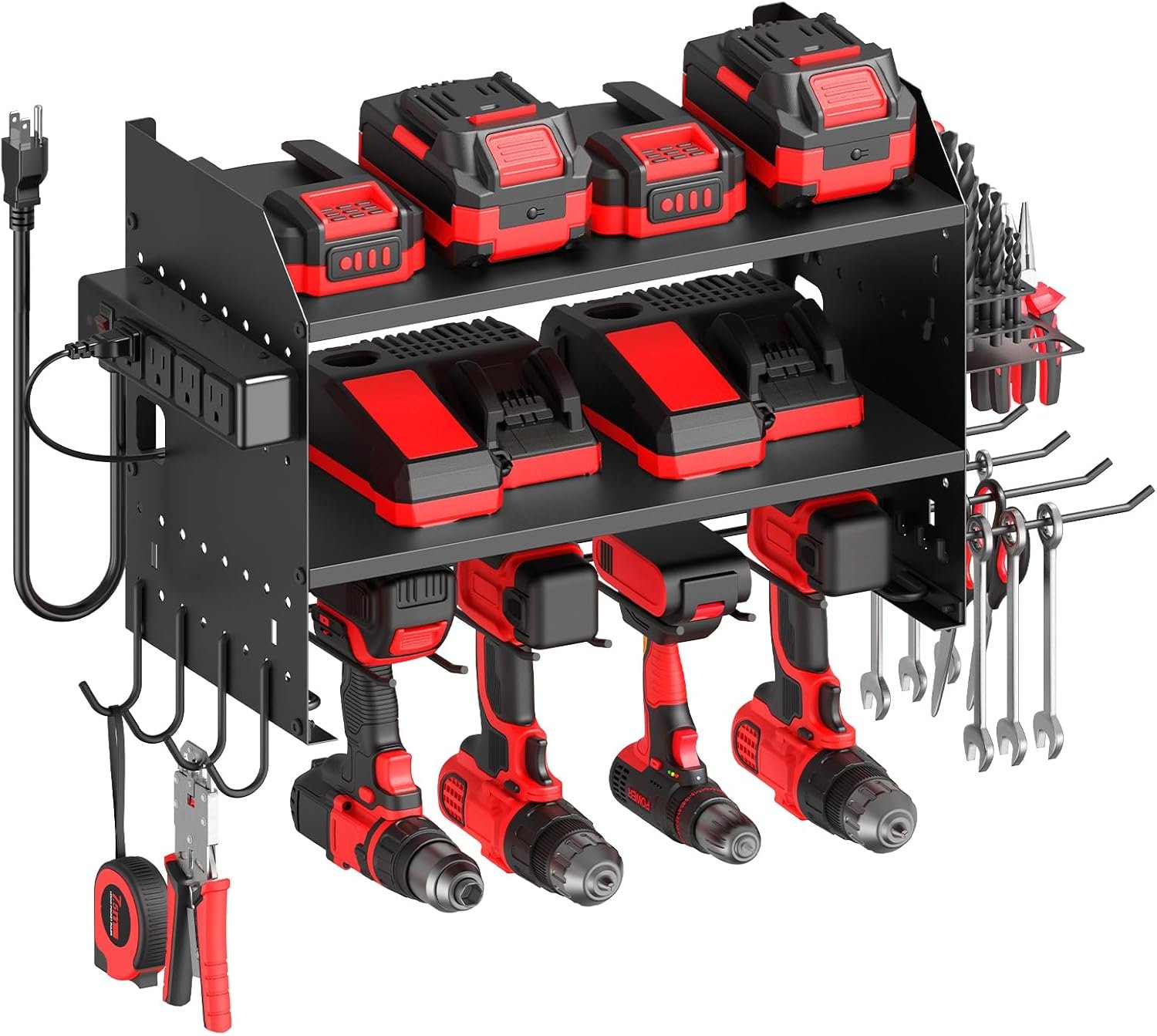 CCCEI Modular Power Tool Organizer Wall Mount with Charging, Black, 1 Pack | Drill & Battery Storage Rack with Peg Hooks, Garage Workshop, Gifts for Men, Husband, Anniversary, Birthday
